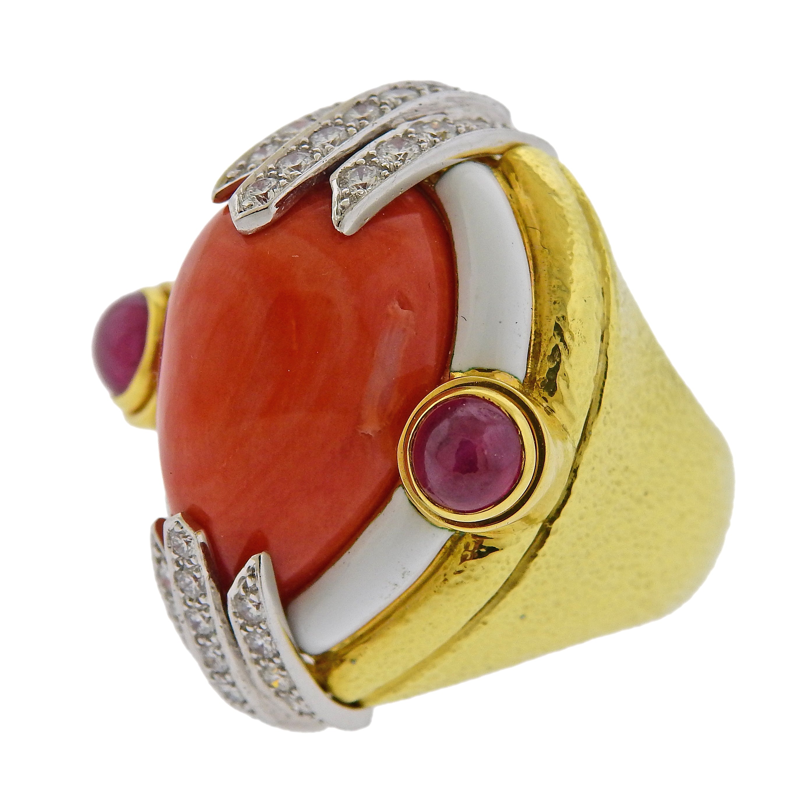 David Webb Coral Ruby Diamond Enamel Gold Platinum Ring - Oak Gem
