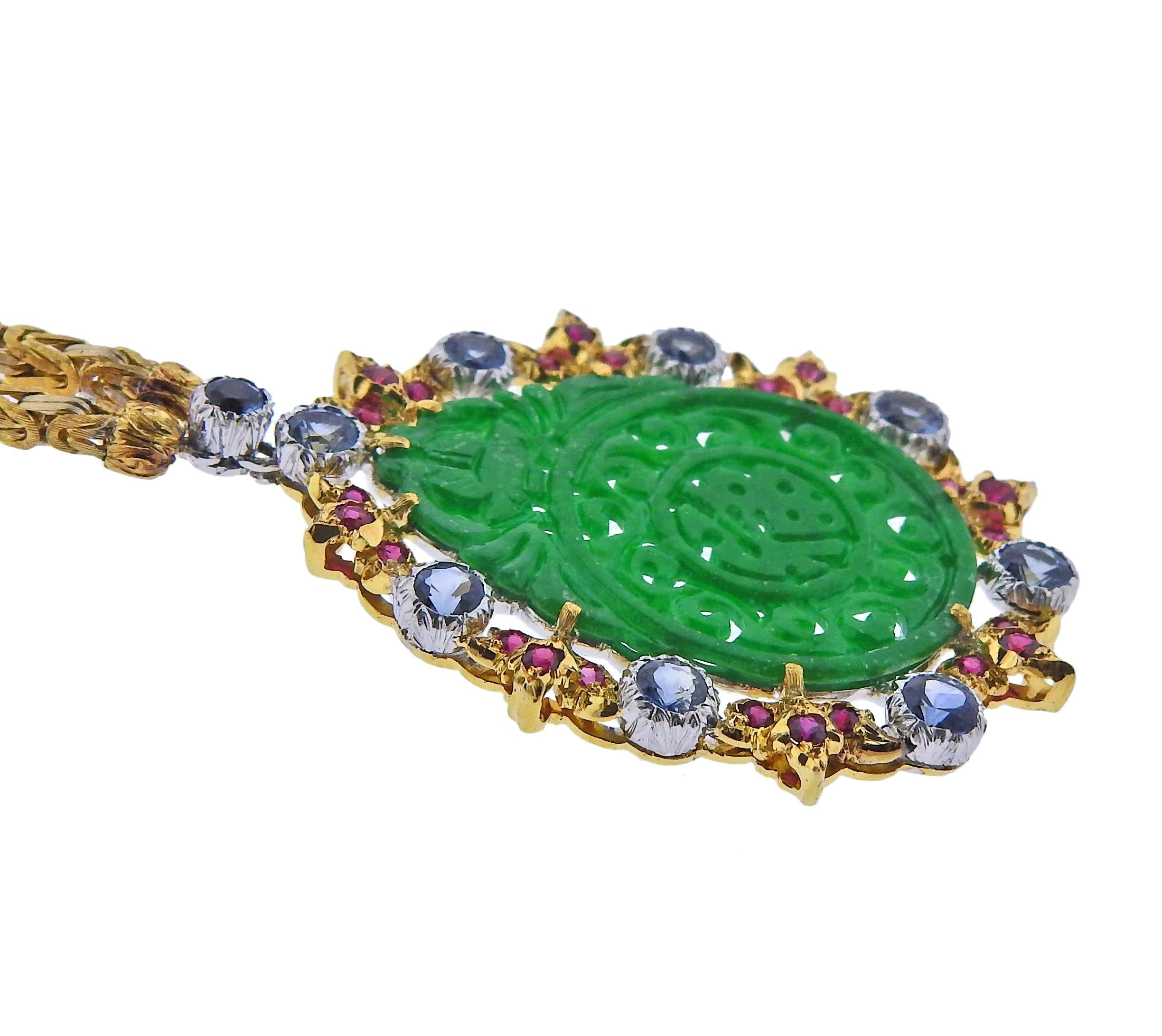 Buccellati Carved Jade Sapphire Ruby Gold Pendant Necklace - Oak Gem