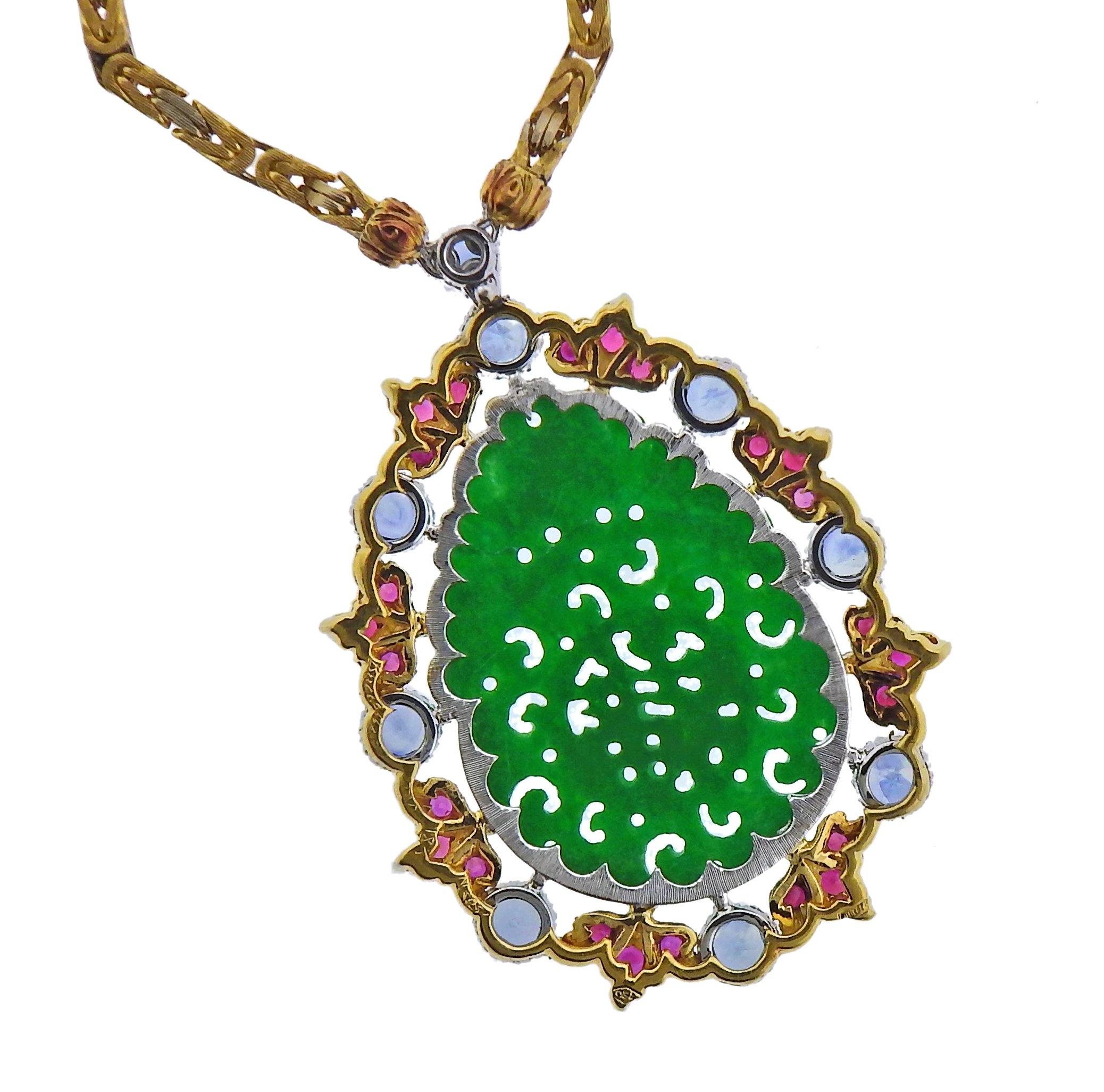 Buccellati Carved Jade Sapphire Ruby Gold Pendant Necklace - Oak Gem