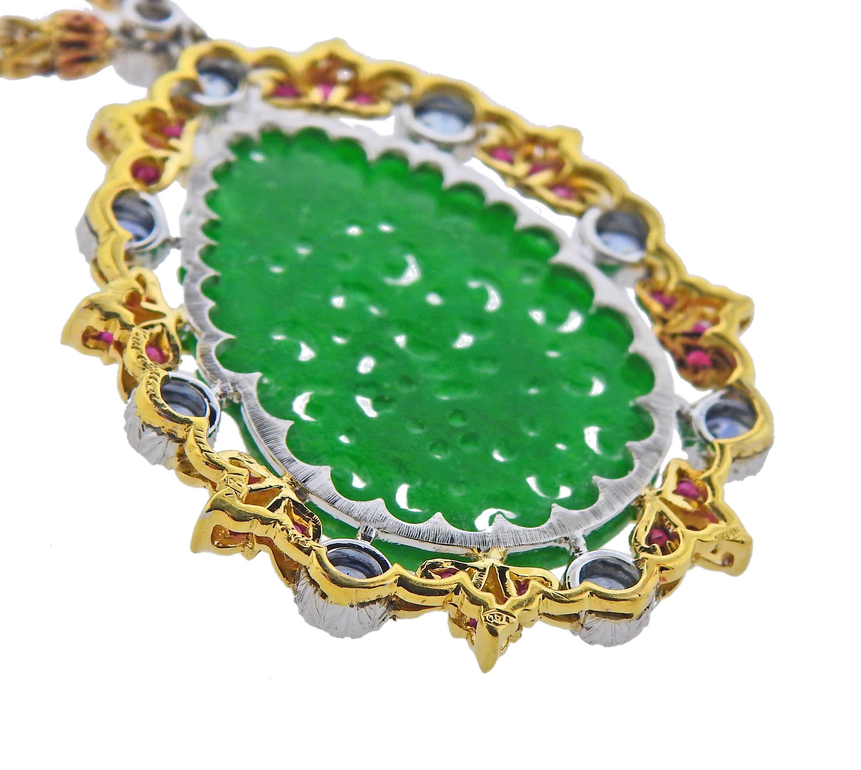 Buccellati Carved Jade Sapphire Ruby Gold Pendant Necklace - Oak Gem