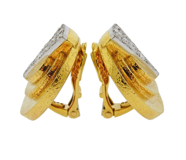 David Webb Diamond Gold Platinum Geometric Earrings - Oak Gem