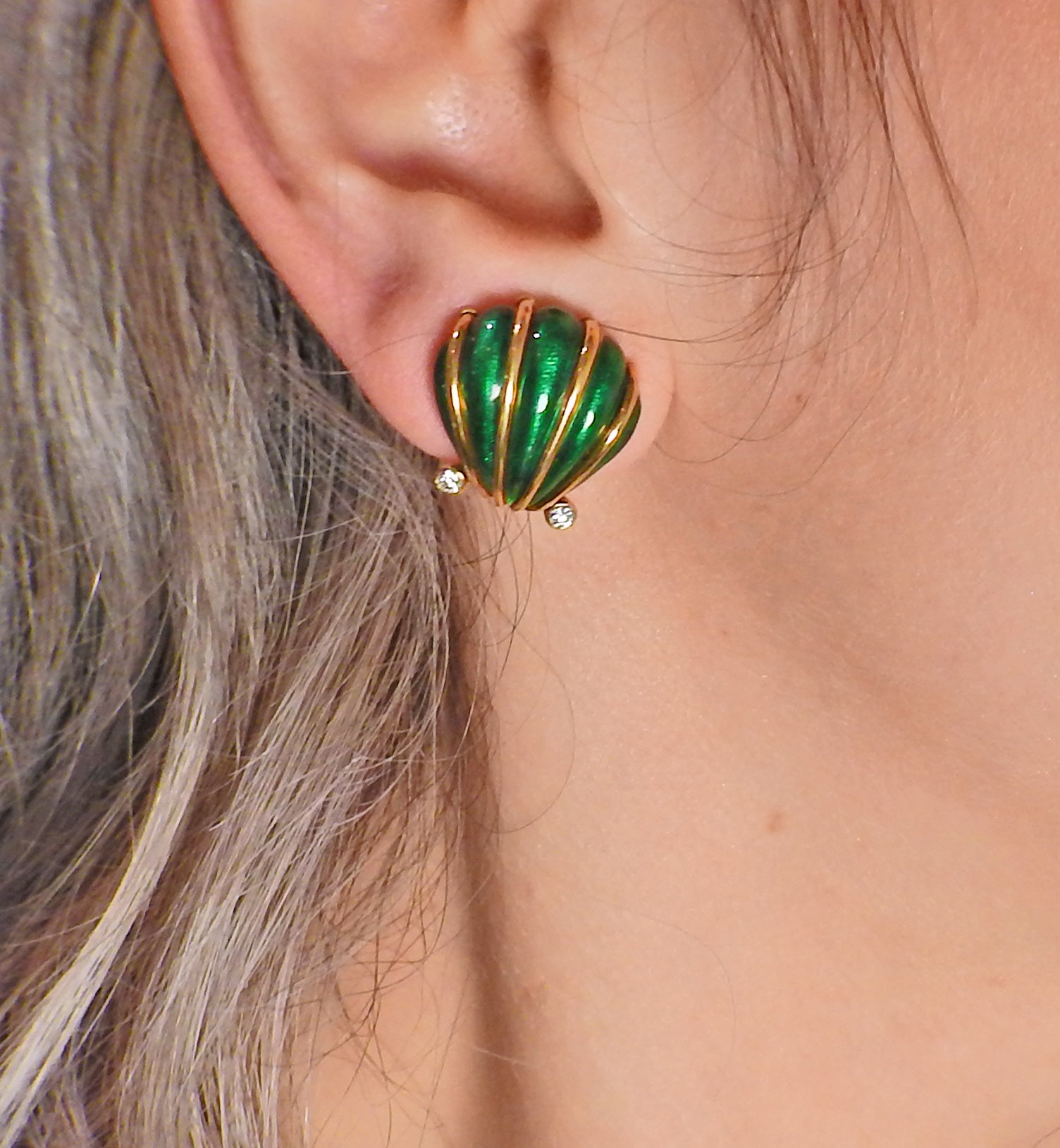 Tiffany & Co Schlumberger Enamel Diamond Shell Earrings - Oak Gem