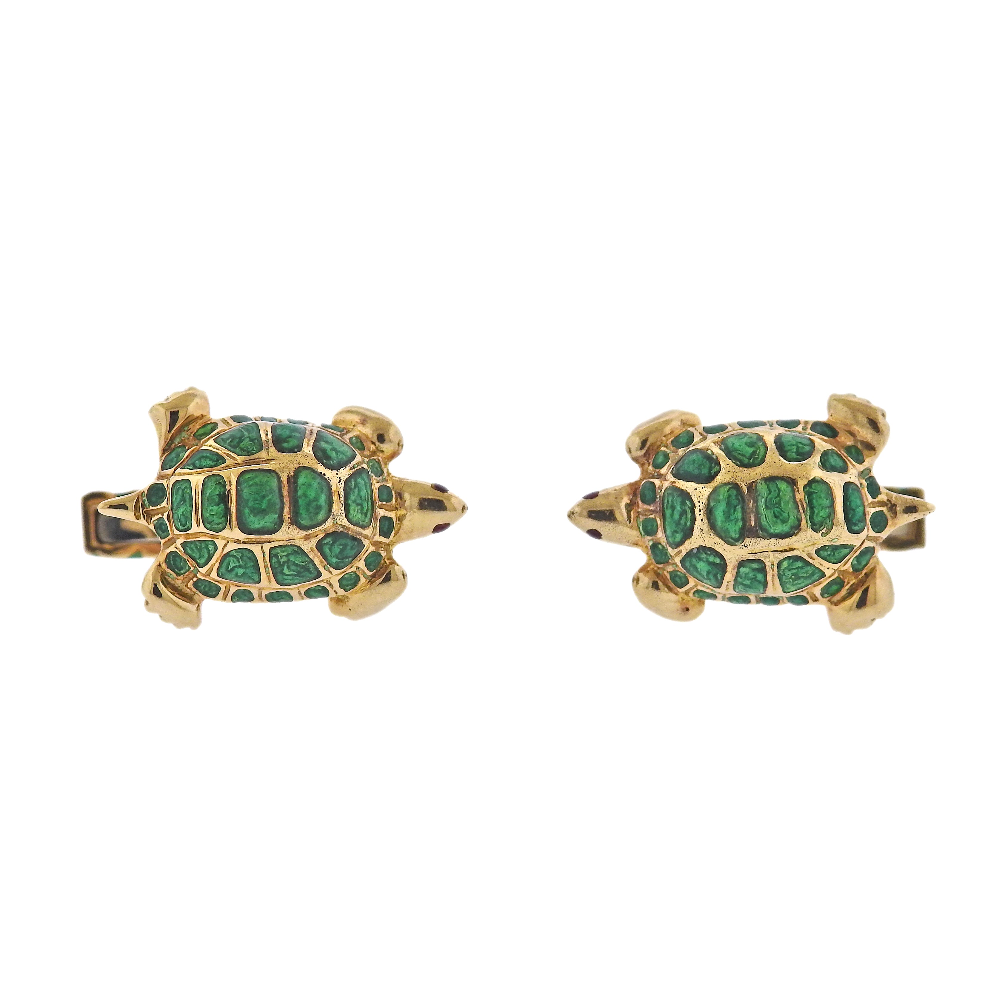 David Webb Enamel Gold Turtle Cufflinks
