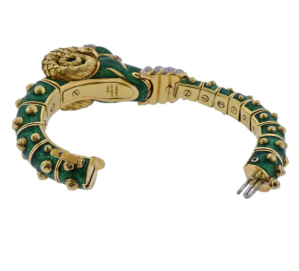 David Webb Gold Diamond Green Enamel Ram's Head Bracelet - Oak Gem
