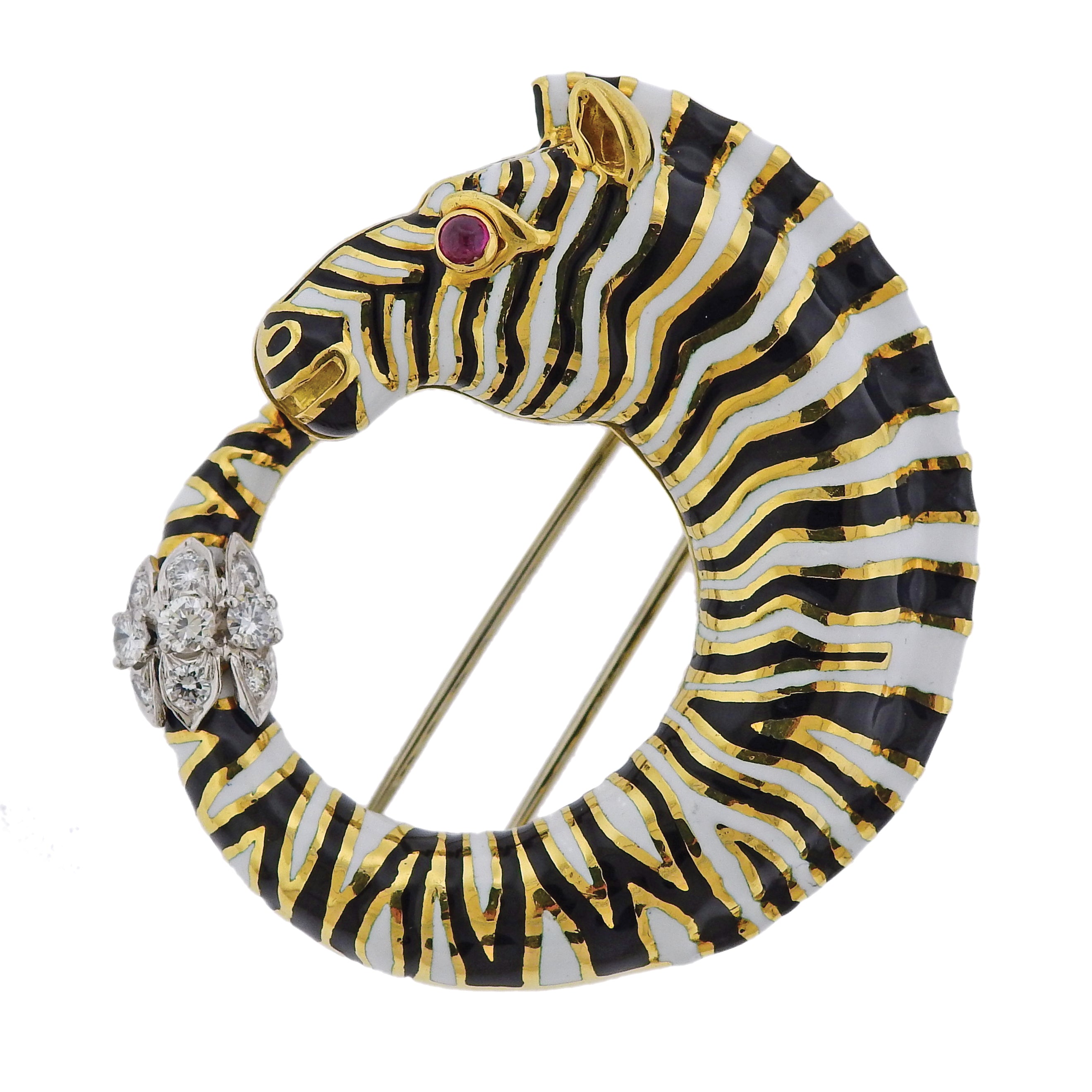 David Webb Diamond Ruby Enamel Gold Platinum Zebra Brooch Pin - Oak Gem