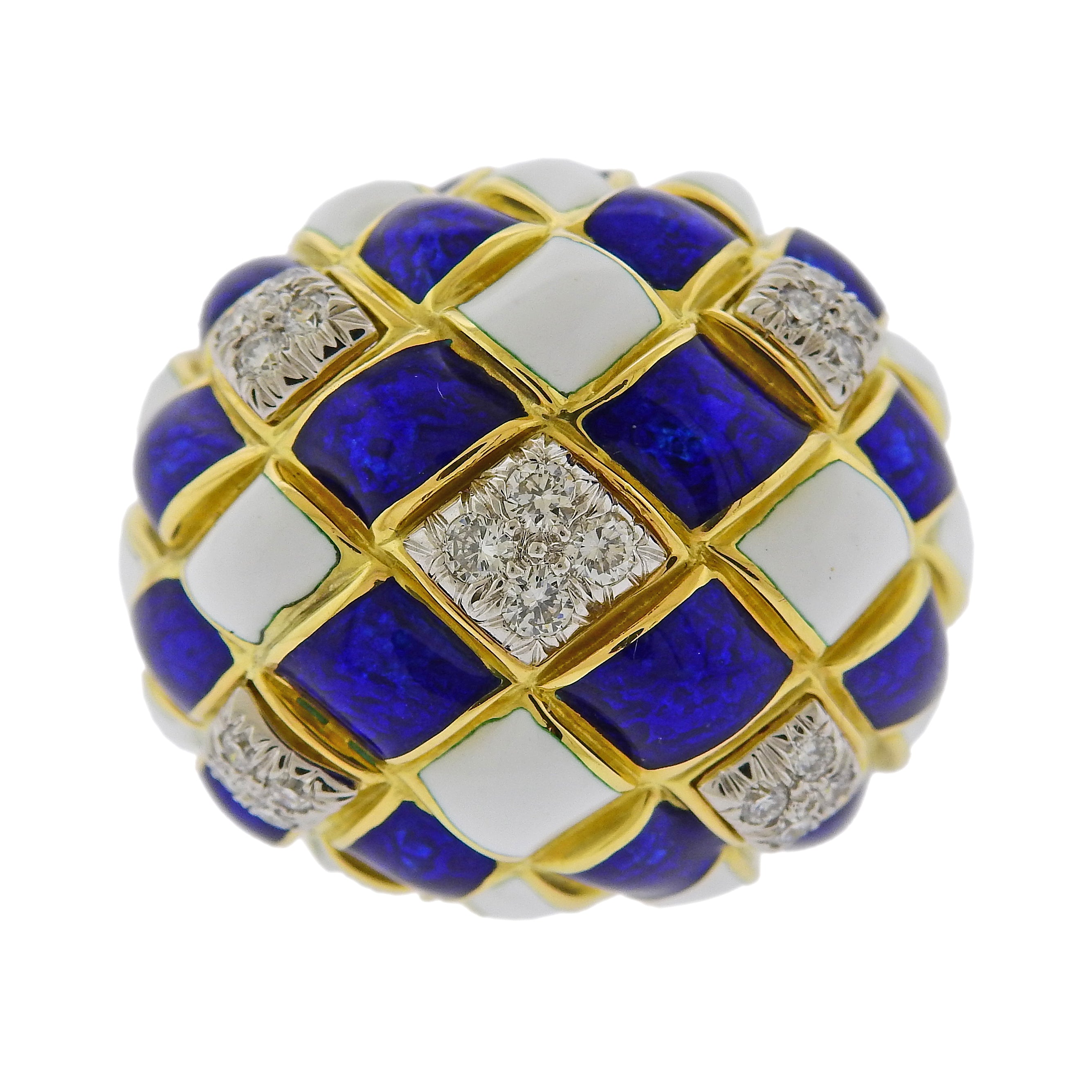 David Webb Diamond Enamel Harlequin Gold Platinum Dome Ring - Oak Gem