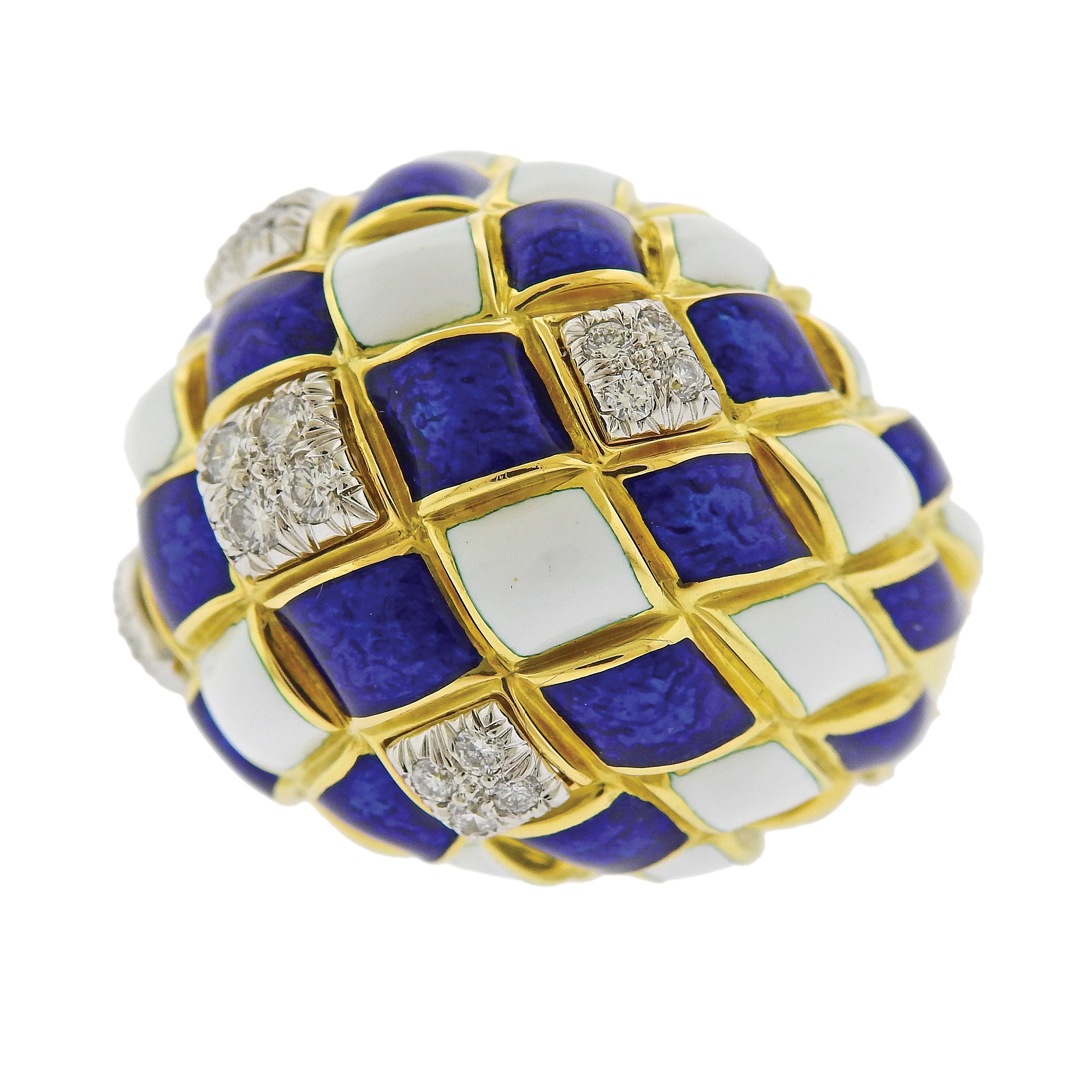 David Webb Diamond Enamel Harlequin Gold Platinum Dome Ring - Oak Gem
