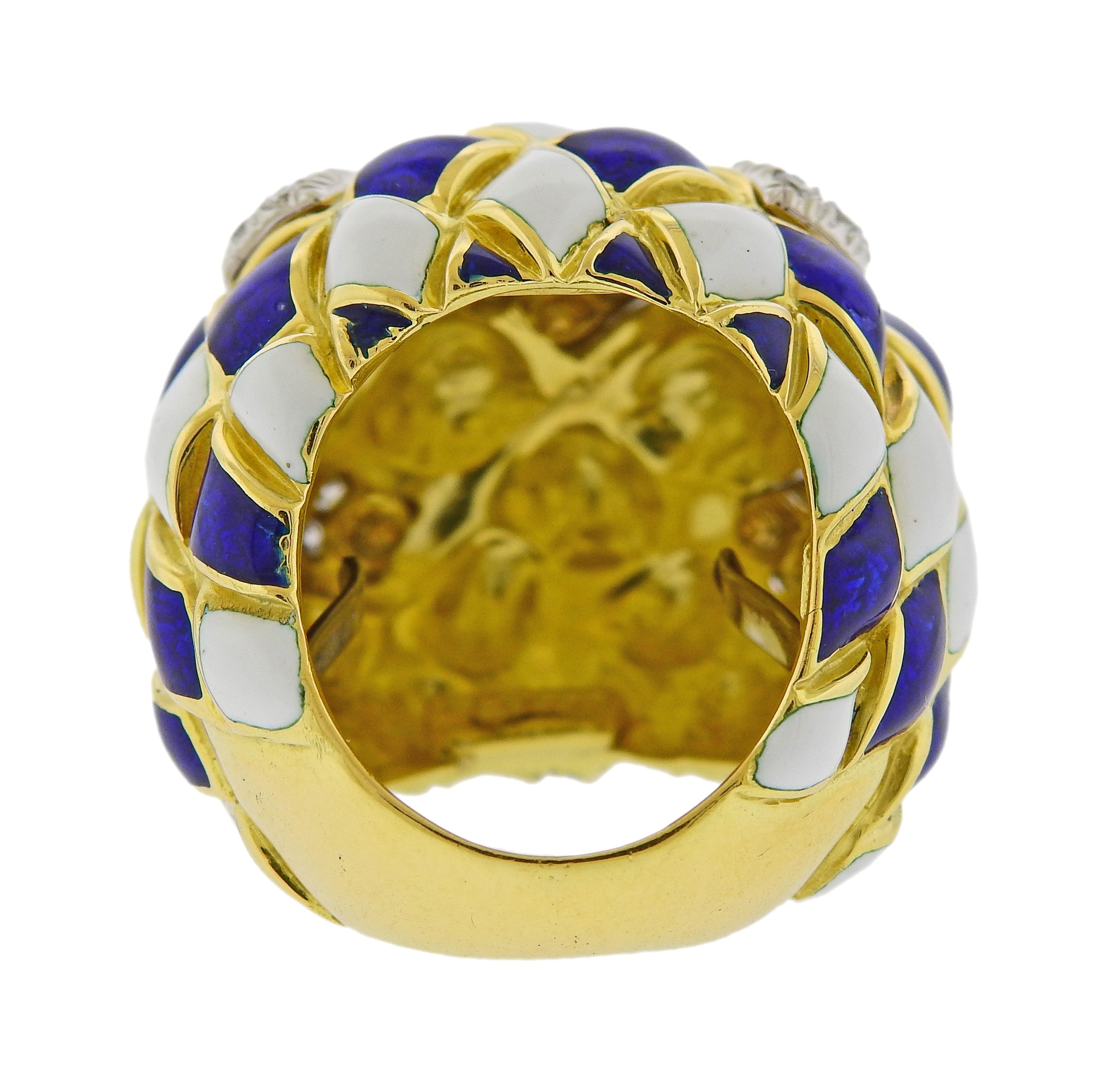 David Webb Diamond Enamel Harlequin Gold Platinum Dome Ring - Oak Gem