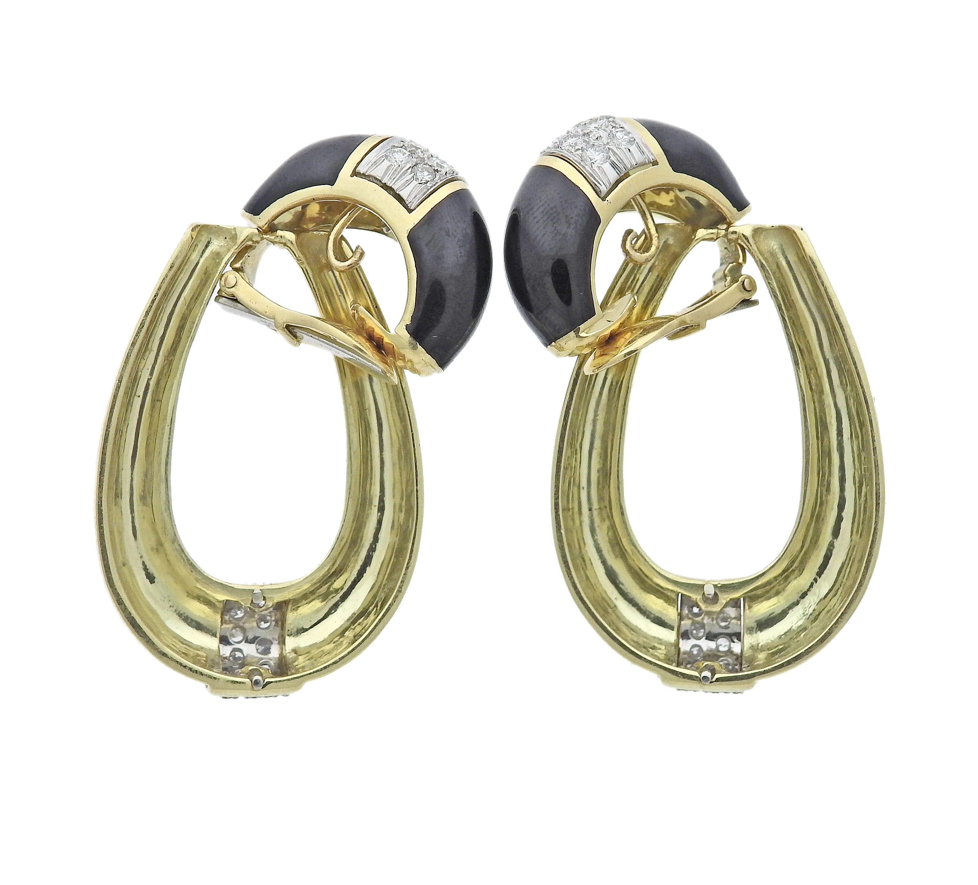 David Webb Gold Platinum Diamond Enamel Doorknocker Earrings