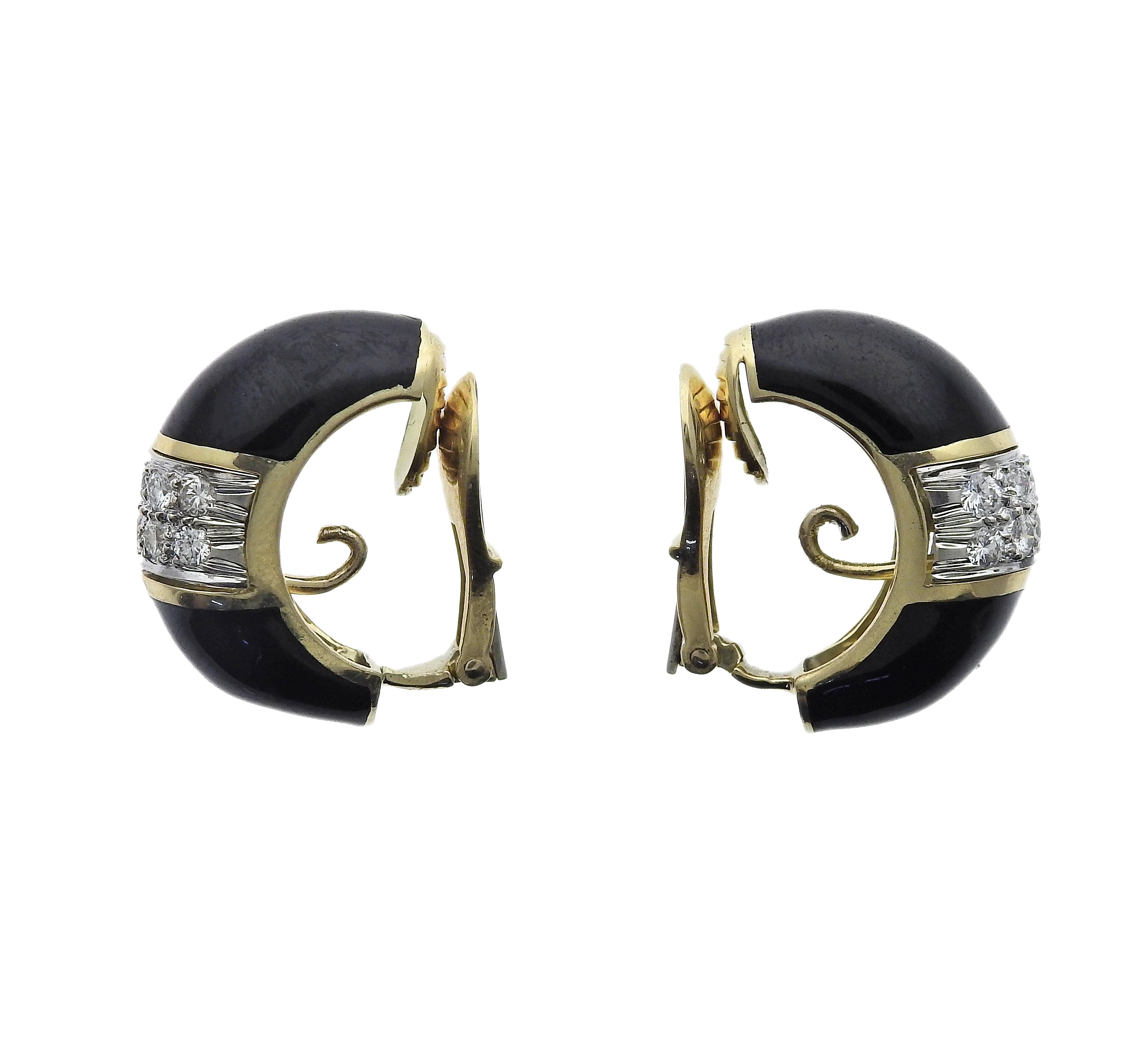 David Webb Gold Platinum Diamond Enamel Doorknocker Earrings