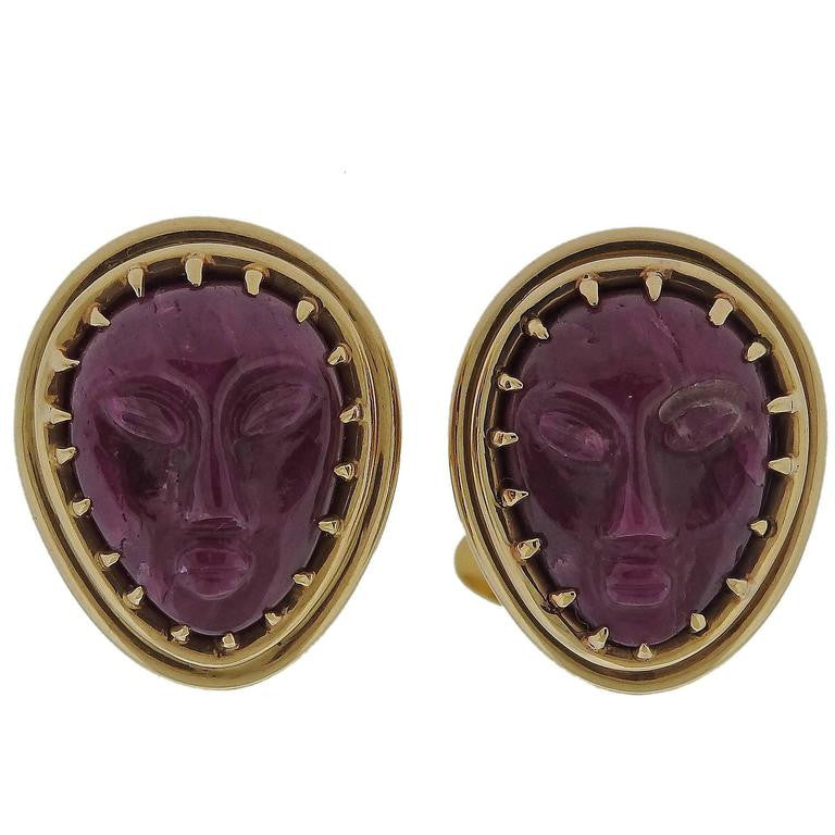 One of a Kind Carved Ruby Gold Faces Cufflinks - Oak Gem