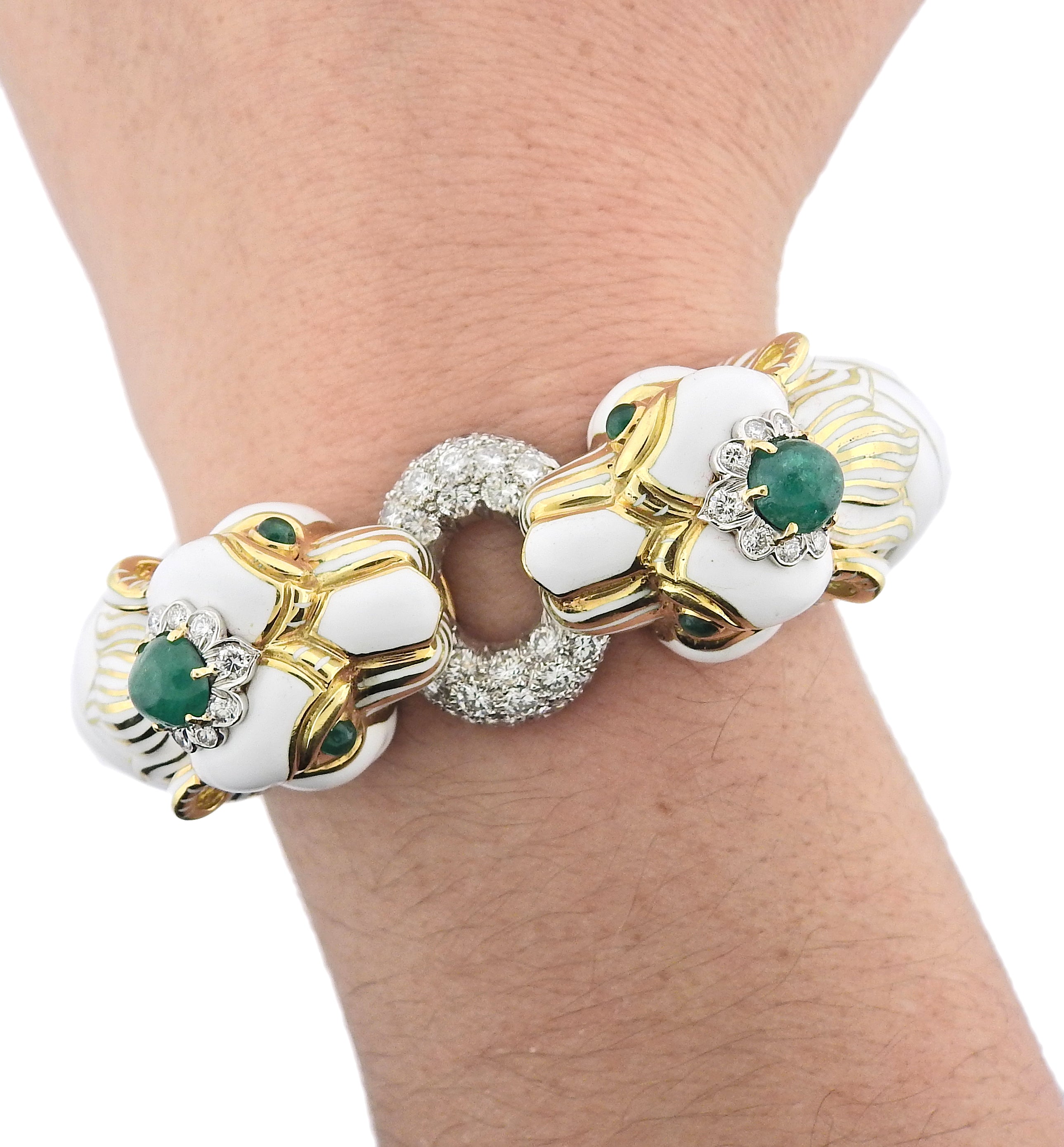 David Webb Diamond Gold Platinum Emerald Enamel Twin Lion Bracelet