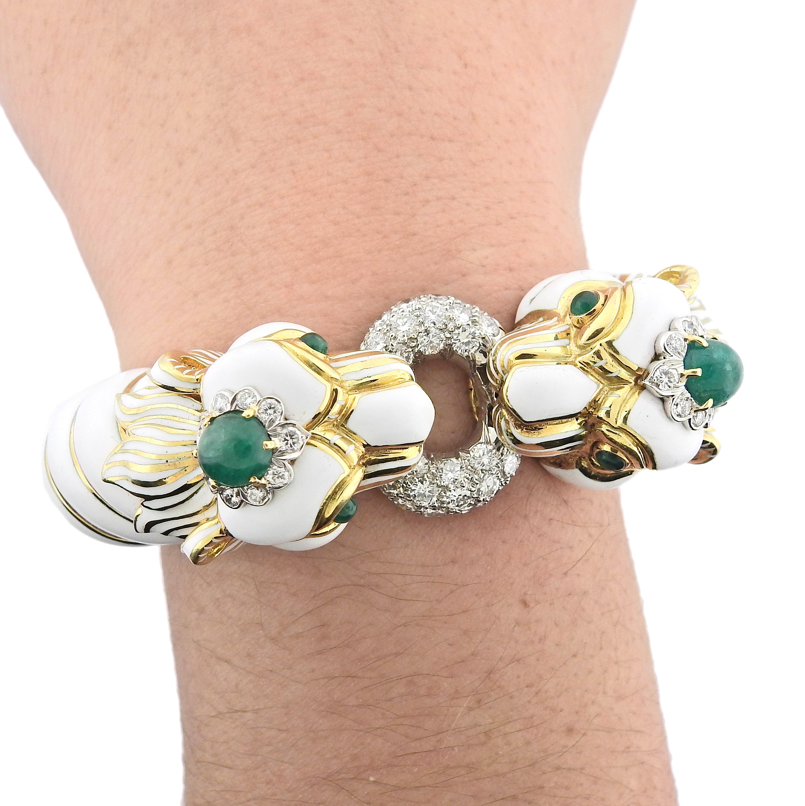 David Webb Diamond Gold Platinum Emerald Enamel Twin Lion Bracelet