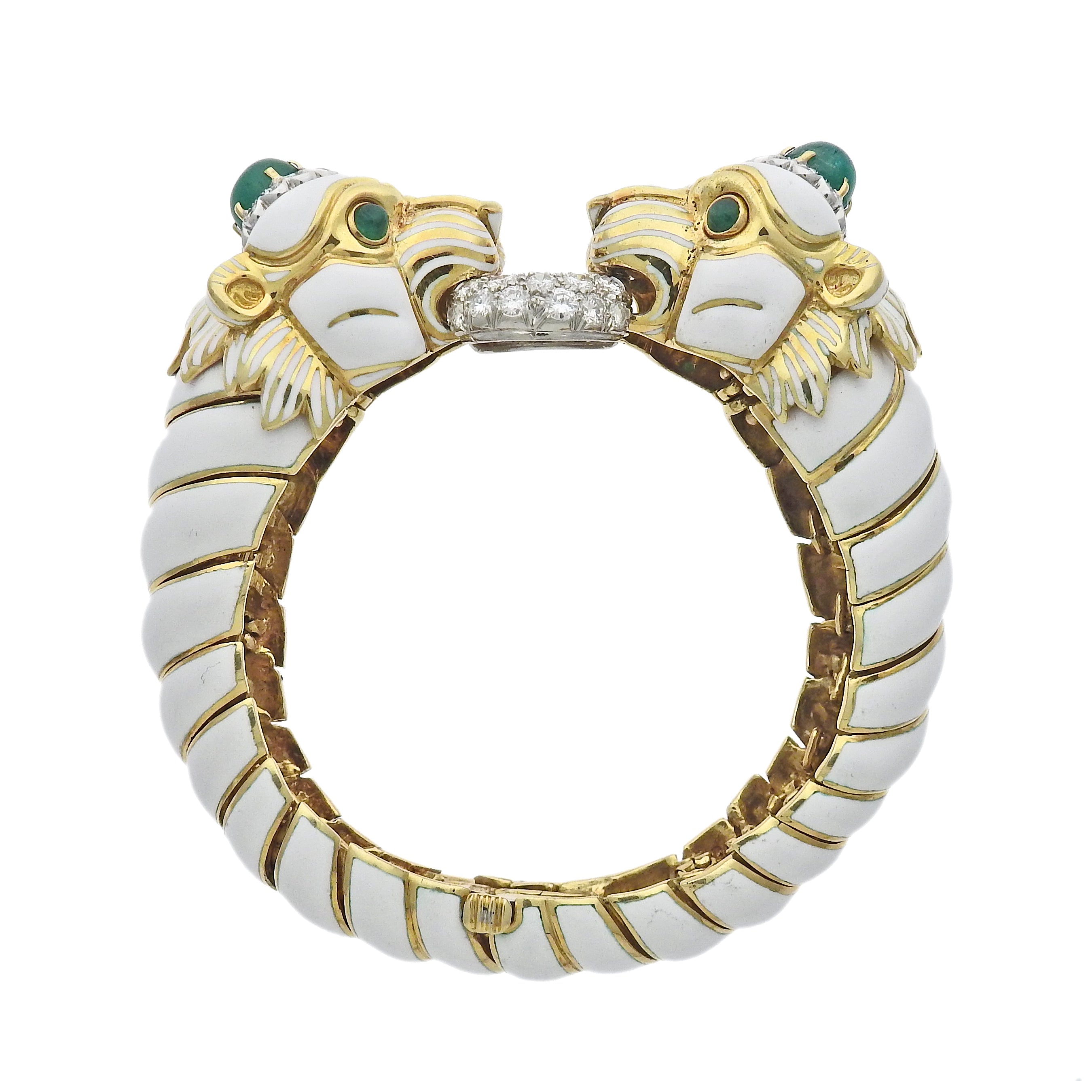 David Webb Diamond Gold Platinum Emerald Enamel Twin Lion Bracelet