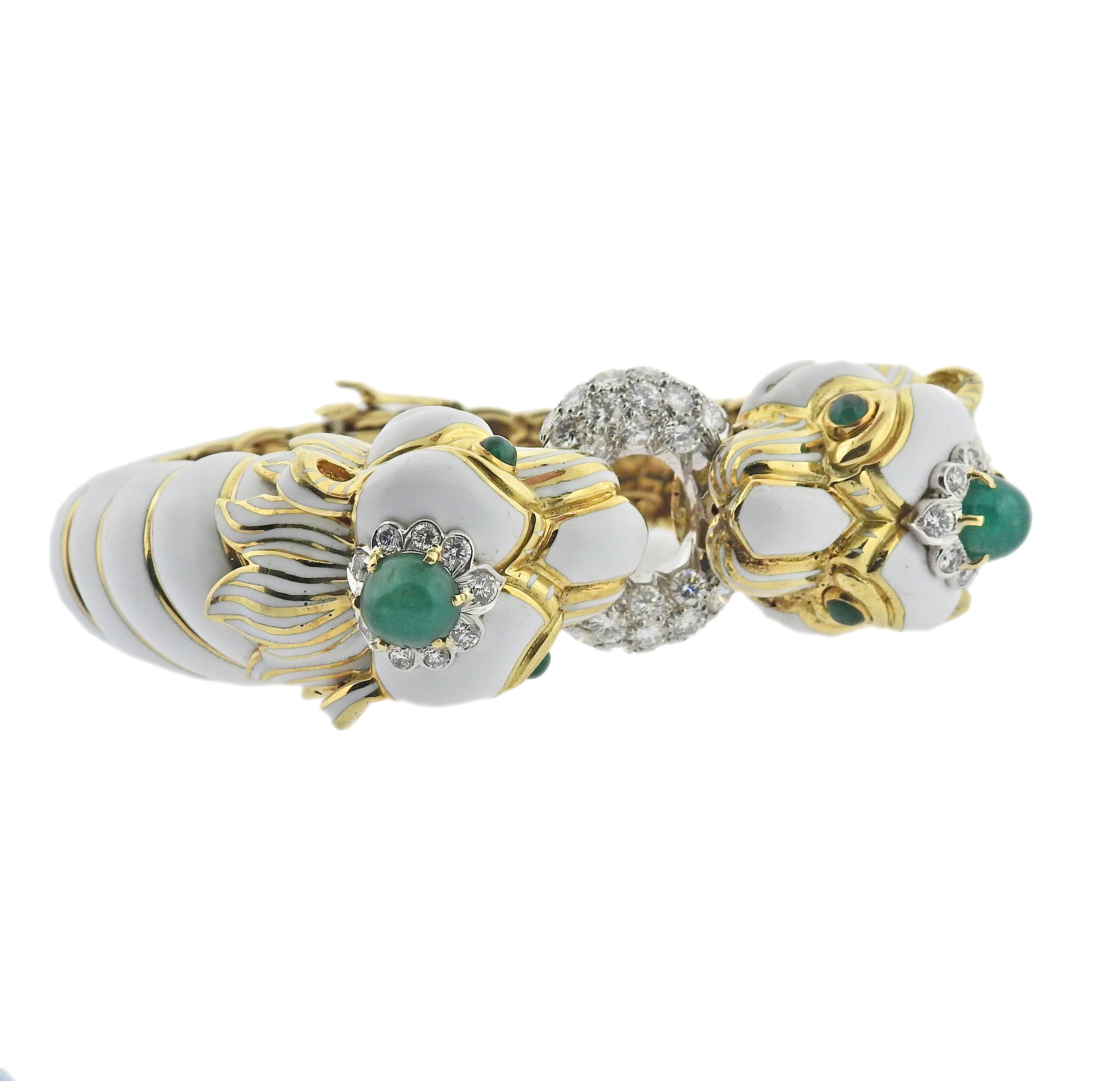 David Webb Diamond Gold Platinum Emerald Enamel Twin Lion Bracelet