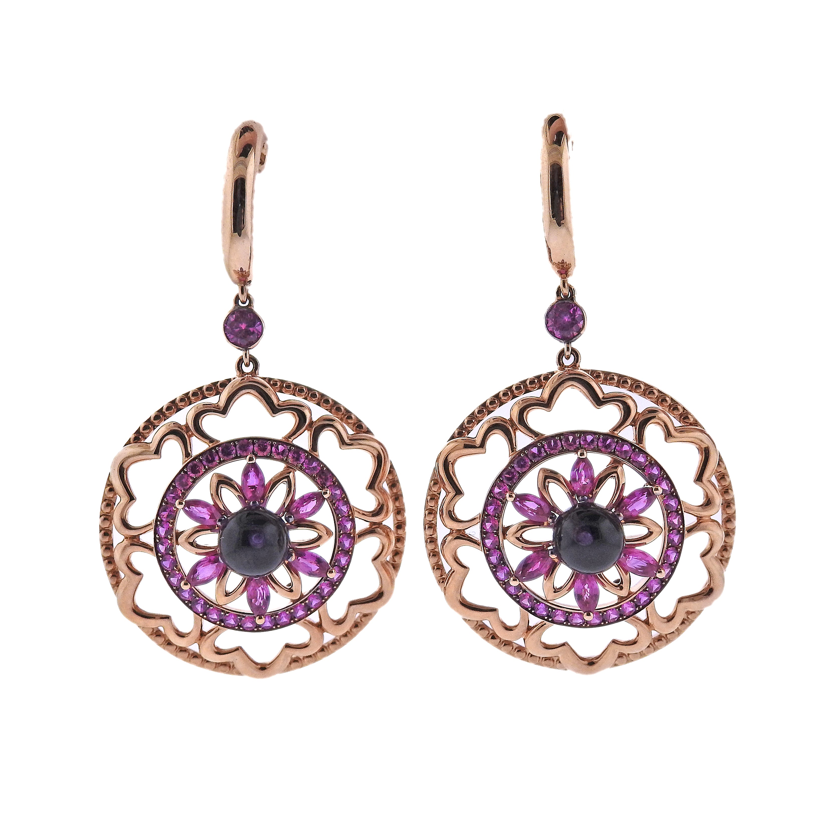 Bucherer Gold Pink Sapphire Amethyst Drop Earrings