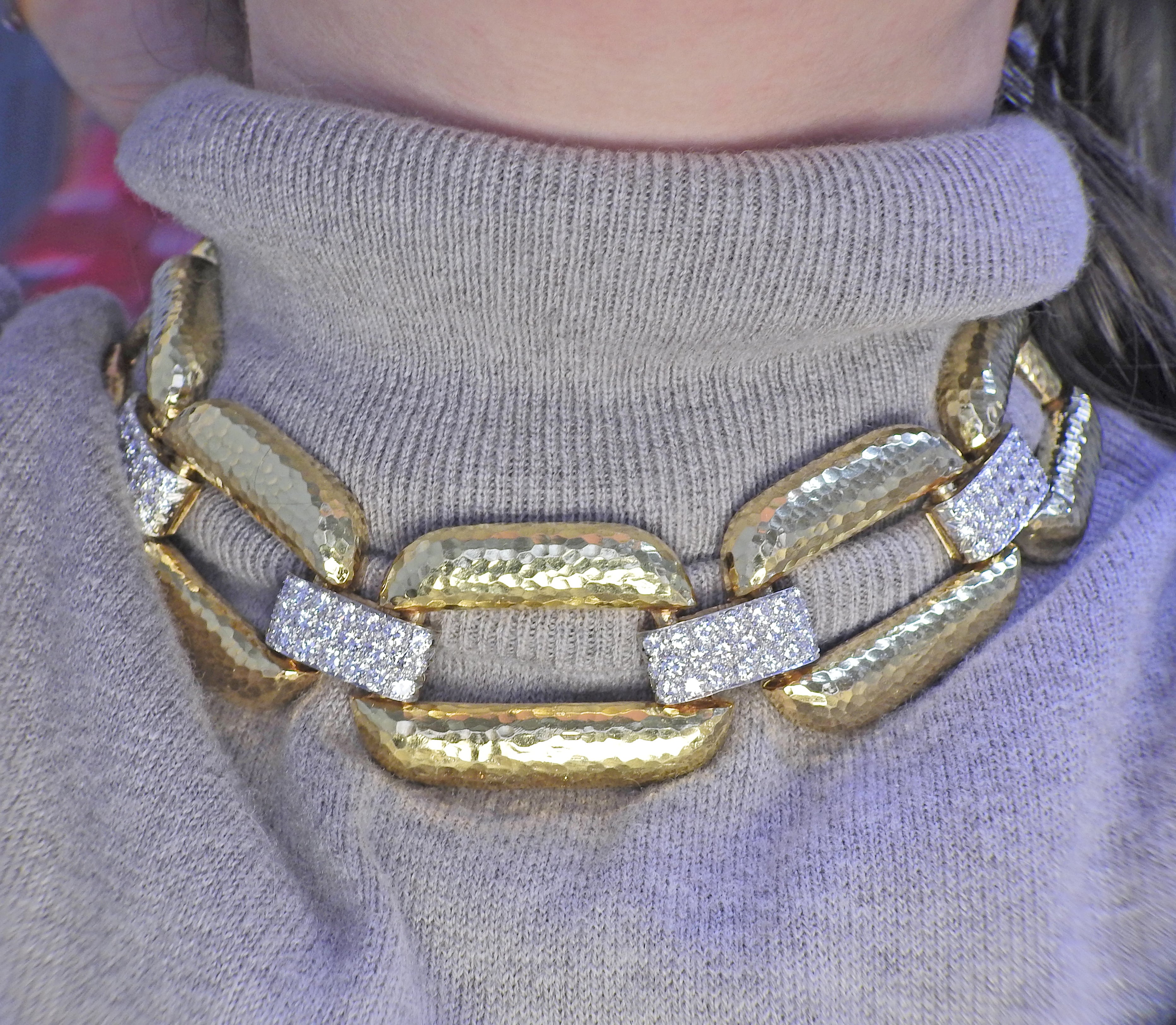 David Webb Diamond Hammered Gold Link Necklace