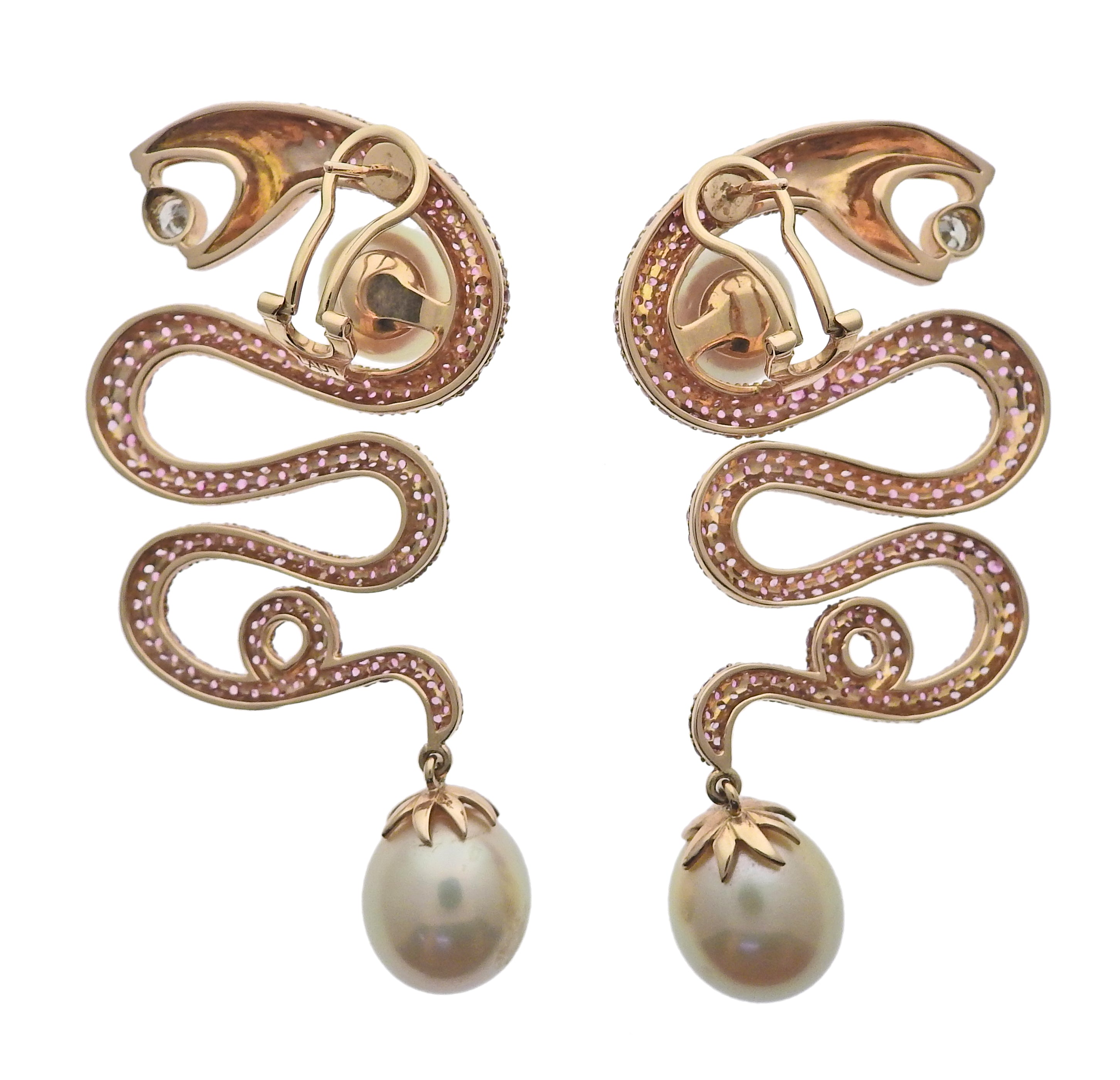 Alexander Laut Pink Sapphire South Sea Pearl Diamond Snake Gold Earrings