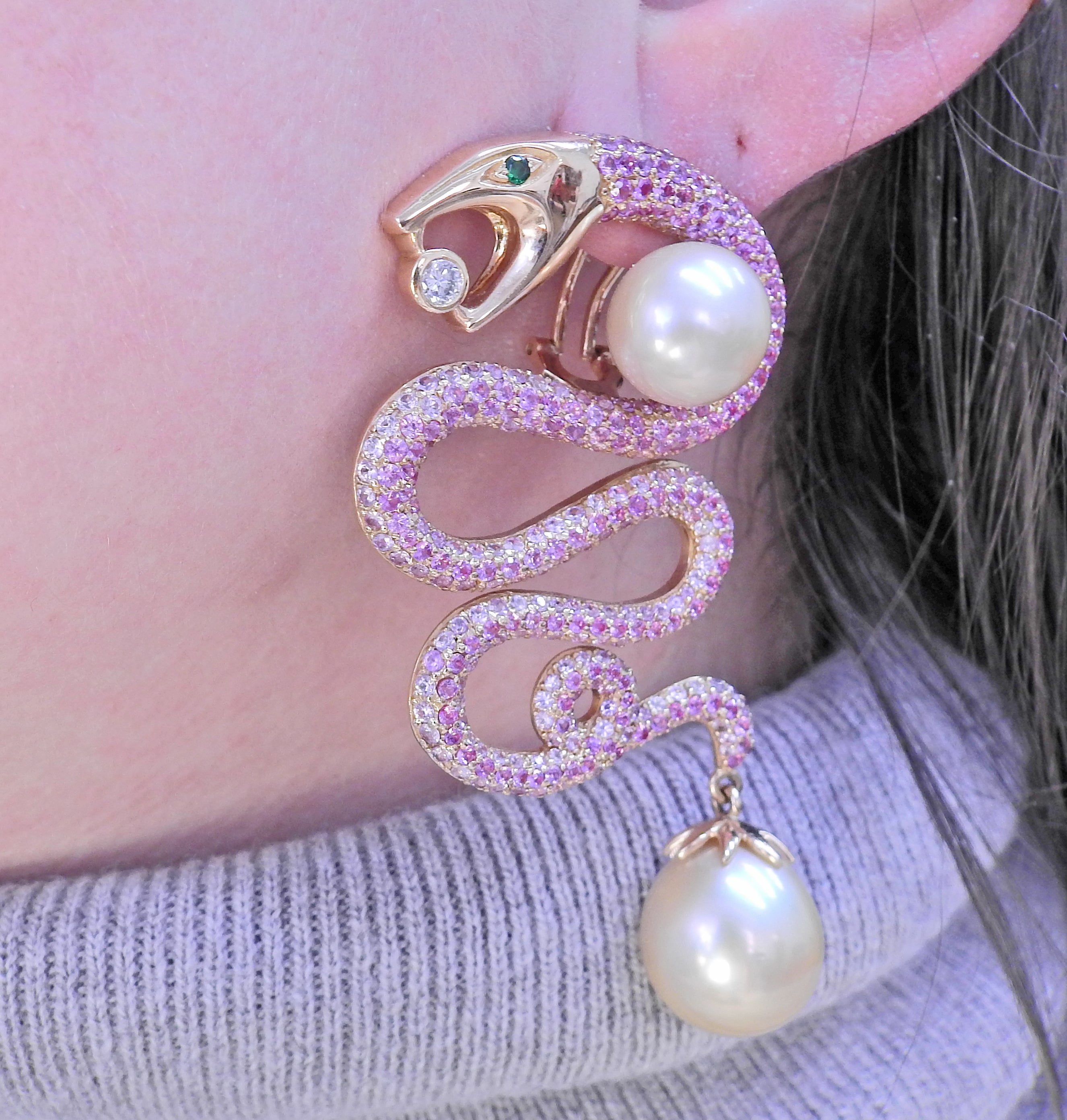 Alexander Laut Pink Sapphire South Sea Pearl Diamond Snake Gold Earrings