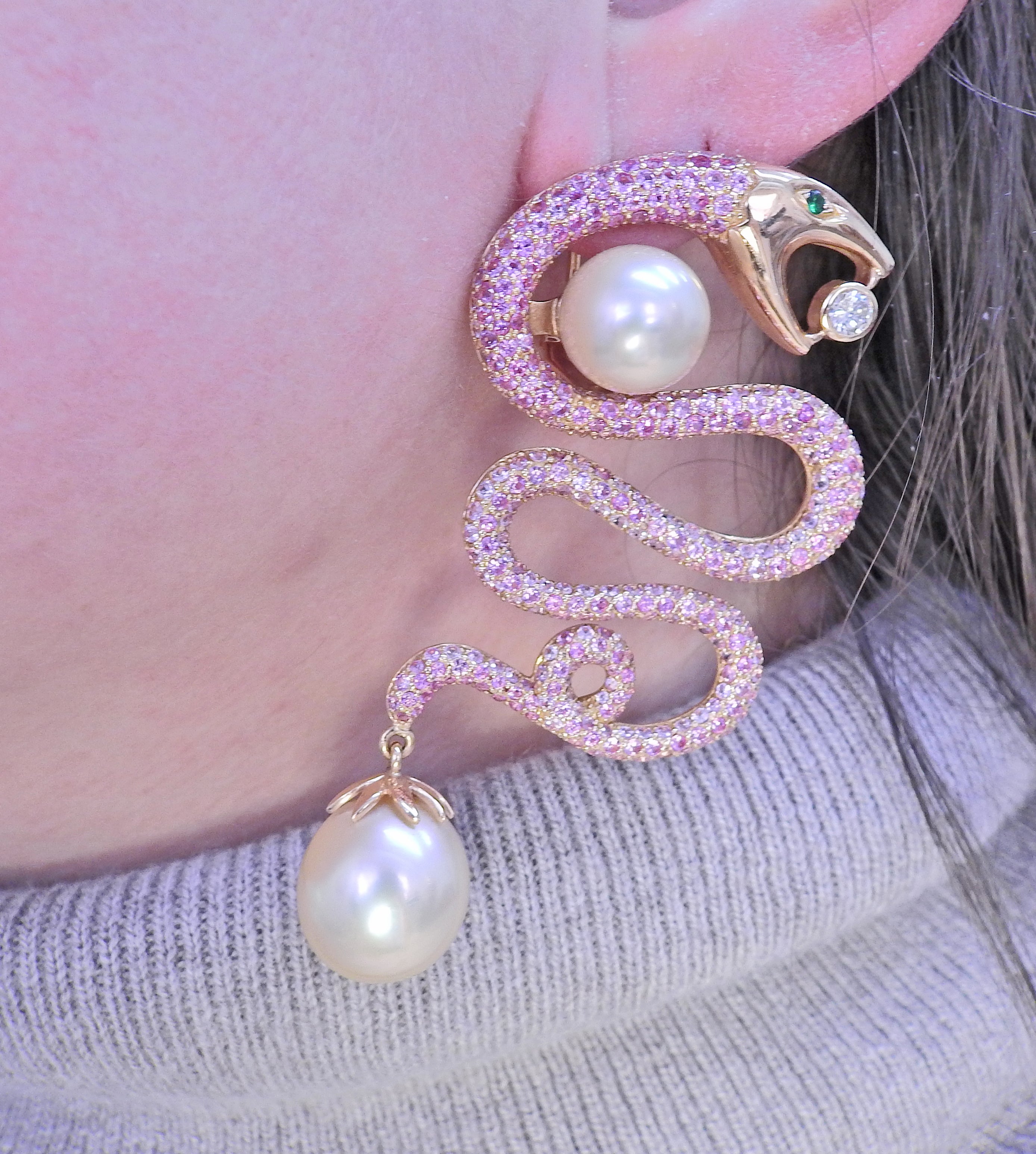 Alexander Laut Pink Sapphire South Sea Pearl Diamond Snake Gold Earrings