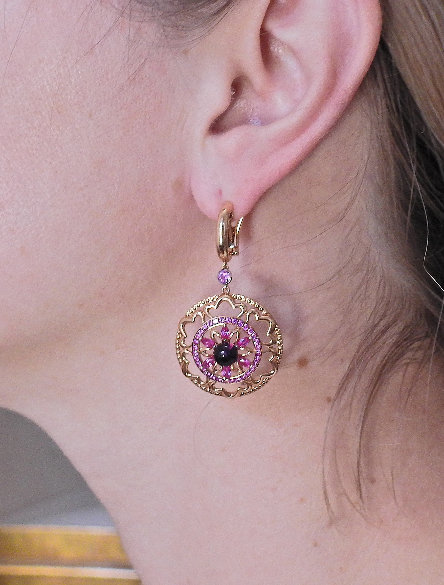 Bucherer Gold Pink Sapphire Amethyst Drop Earrings