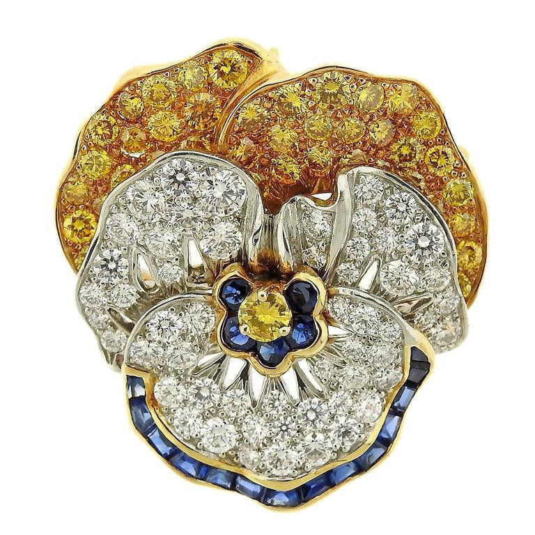 Oscar Heyman Diamond Sapphire Platinum Gold Pansy Brooch - Oak Gem