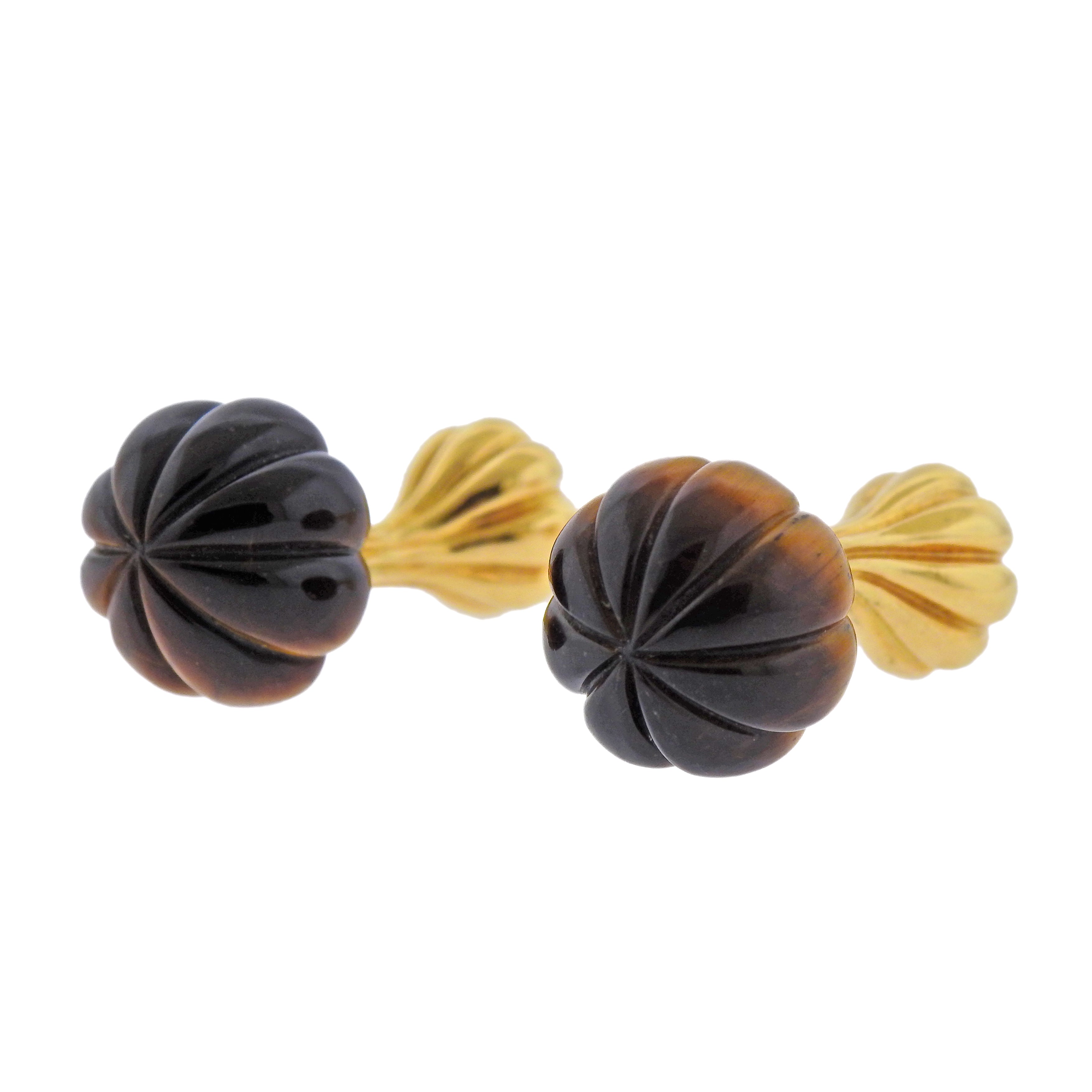 1980s Carved Tiger's Eye Gold Cufflinks - Oak Gem