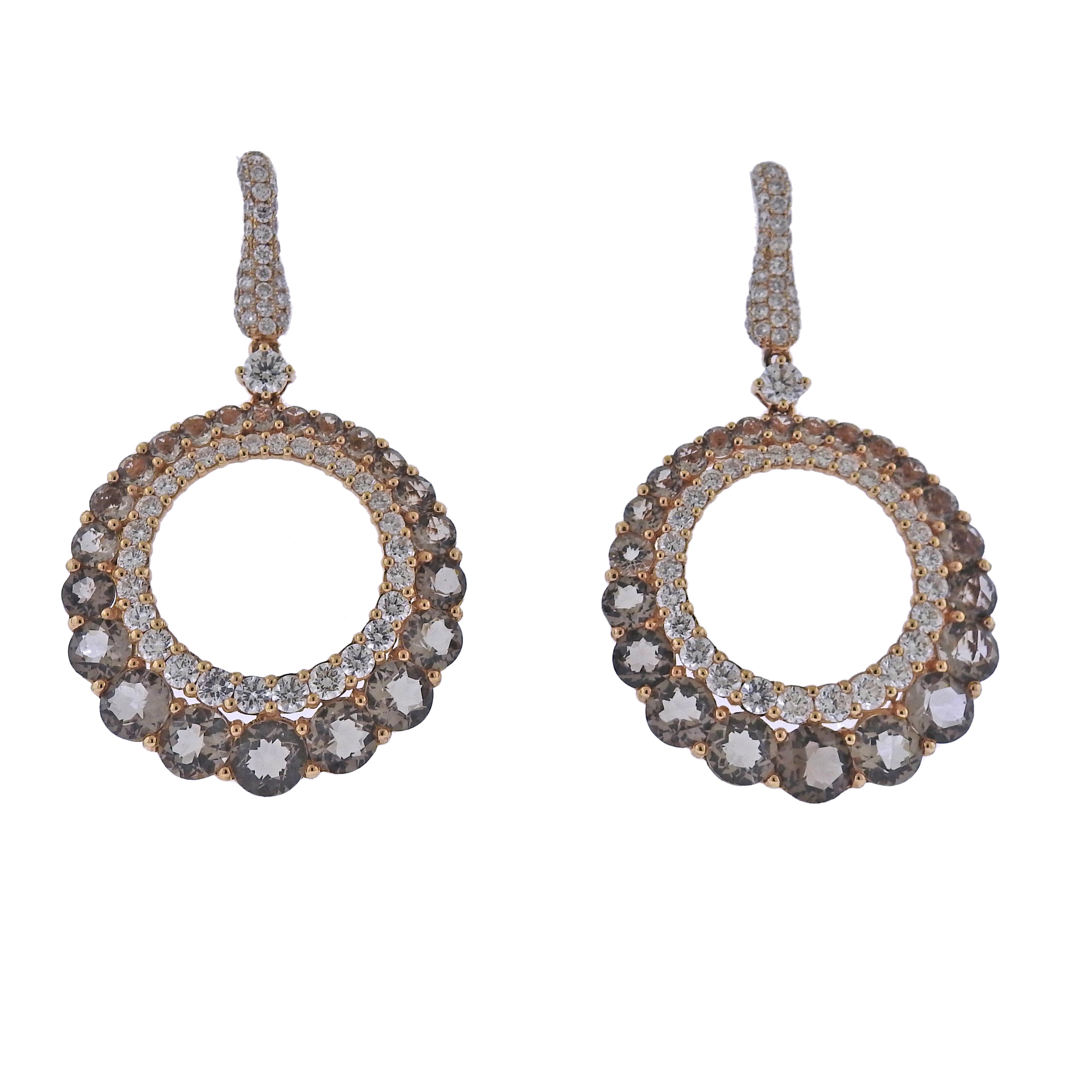 Bucherer Gold Diamond Smoky Quartz Circle Drop Earrings