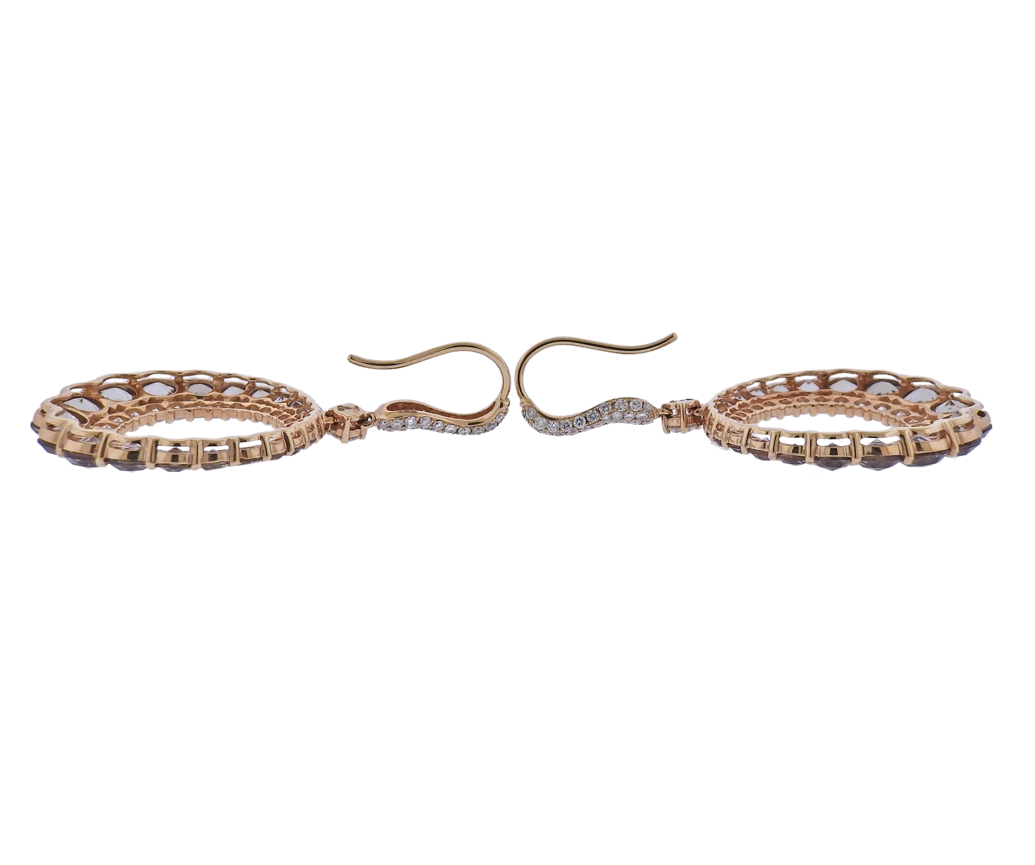 Bucherer Gold Diamond Smoky Quartz Circle Drop Earrings