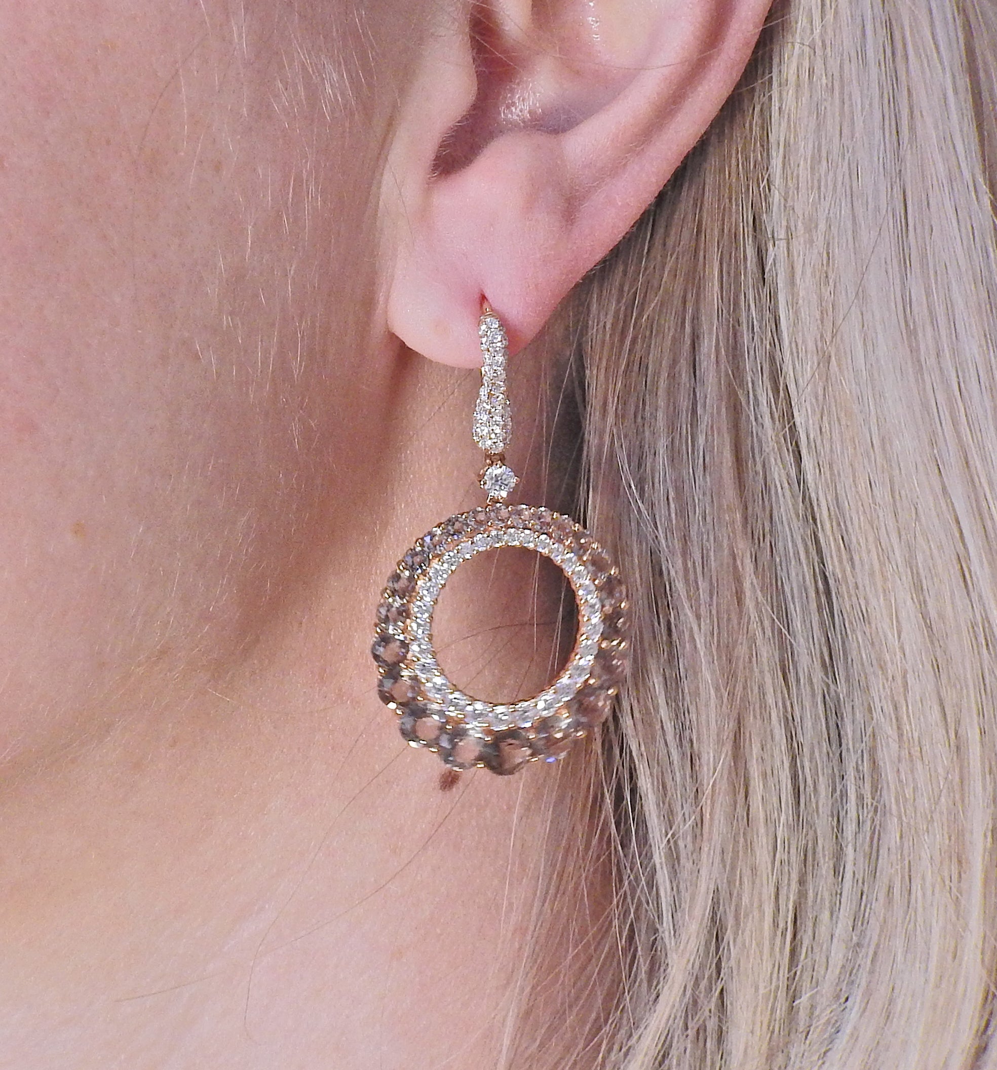 Bucherer Gold Diamond Smoky Quartz Circle Drop Earrings