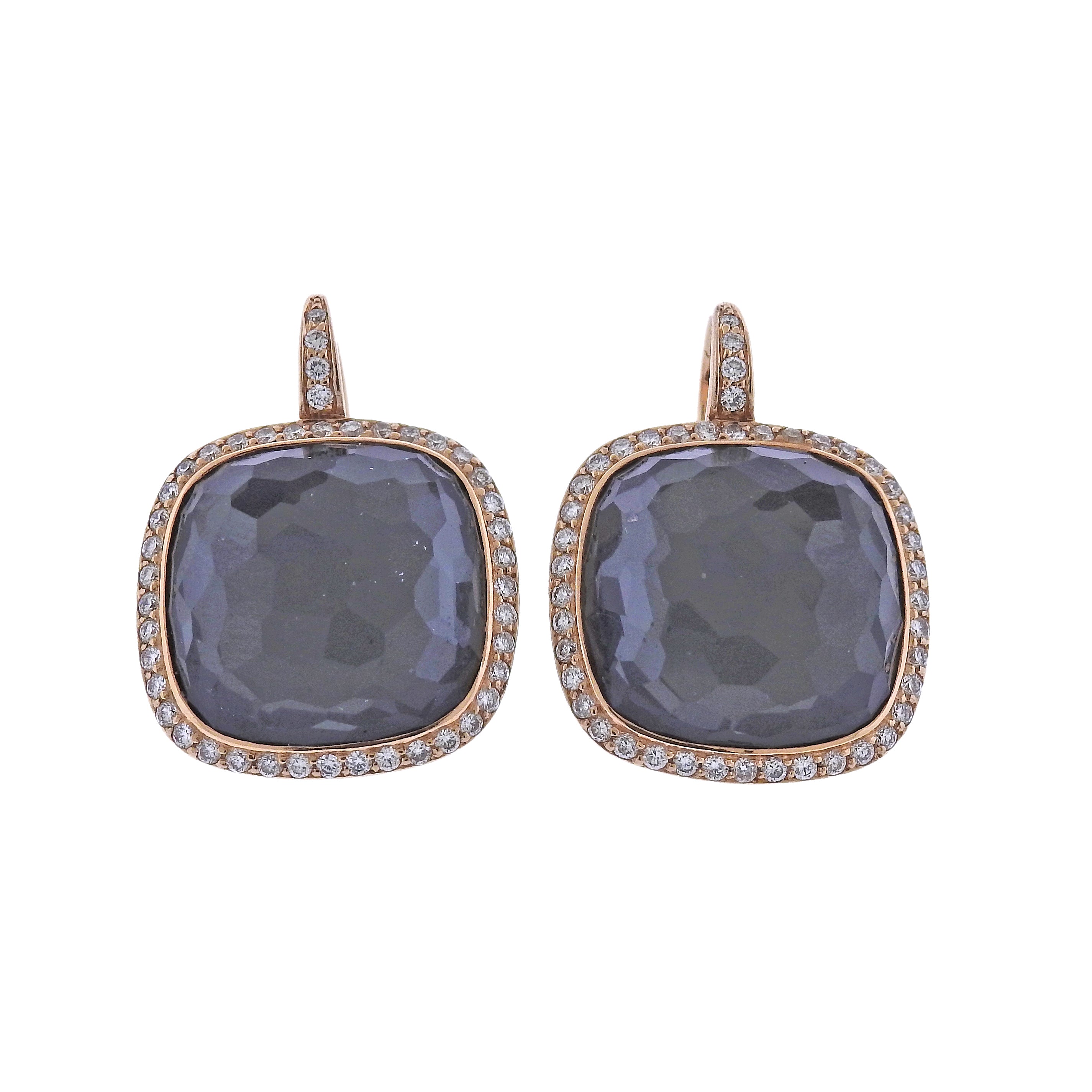 Large Modern Hematite Quartz Diamond 18k Gold Earrings