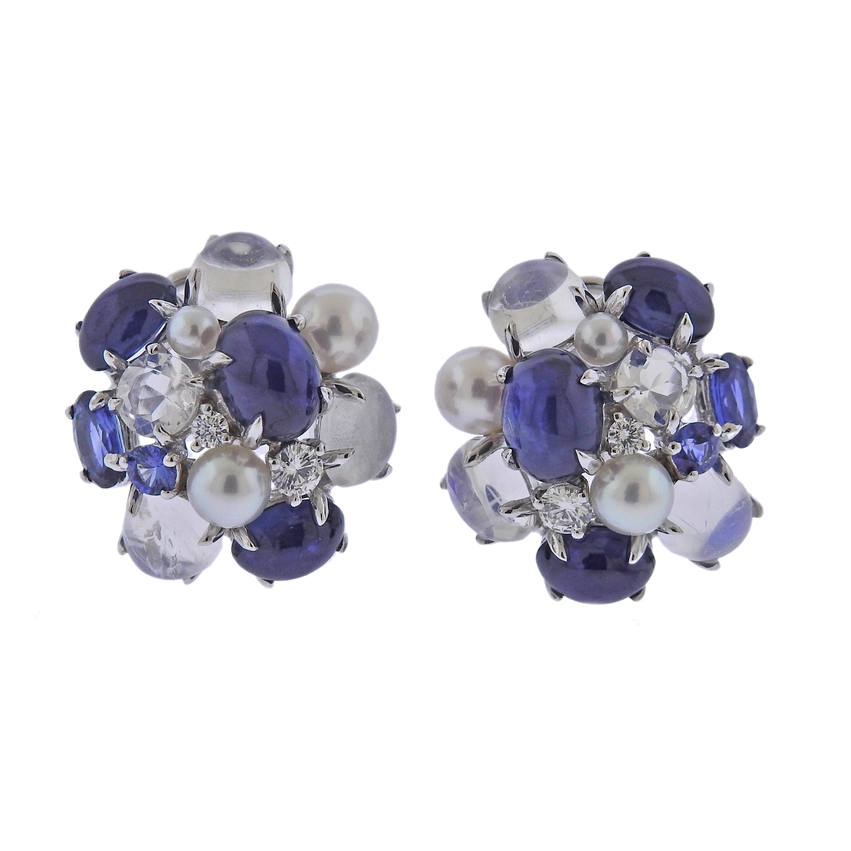 Seaman Schepps Bubble Moonstone Sapphire Diamond Pearl Gold Earrings