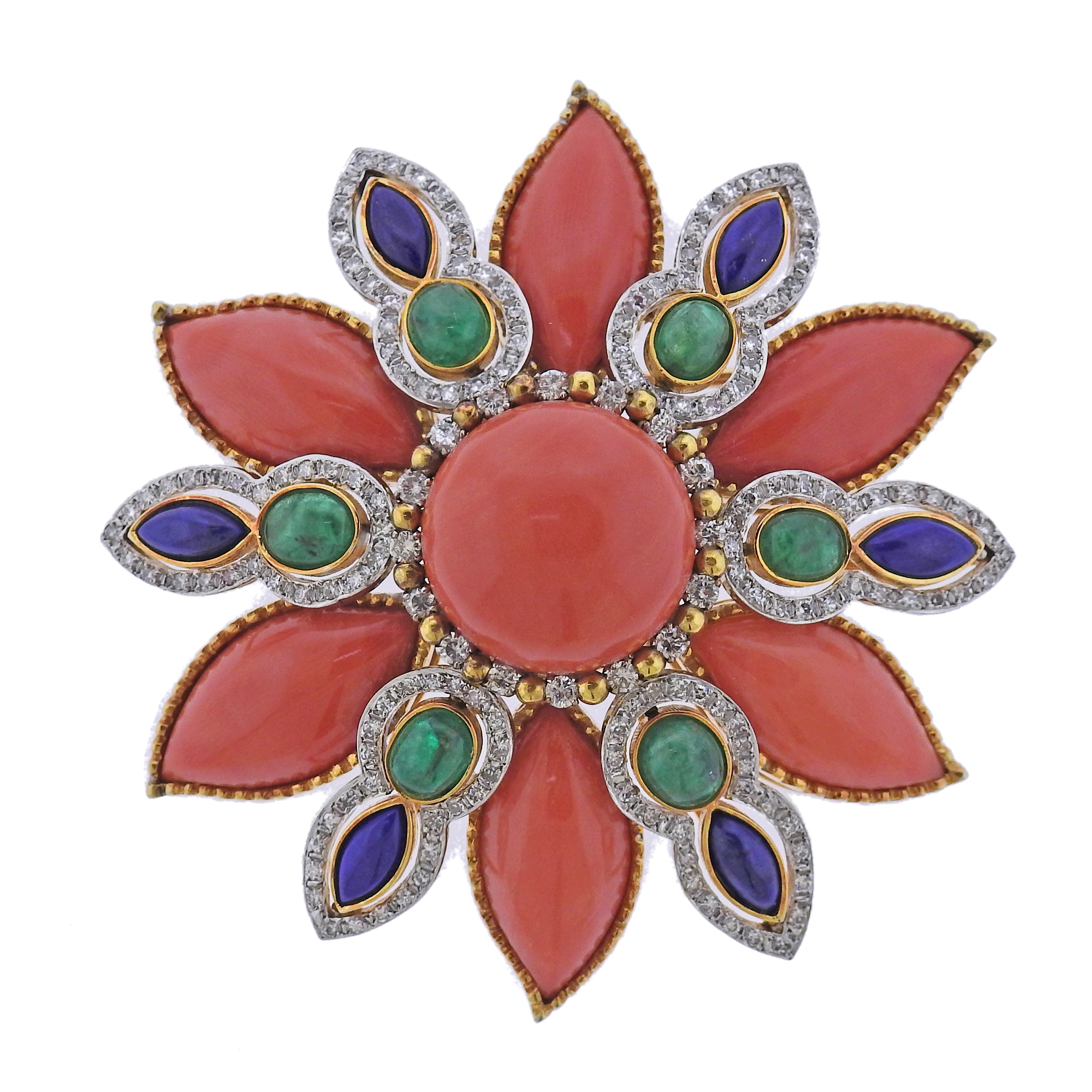 1960s Coral Lapis Emerald Diamond Gold Brooch Pin