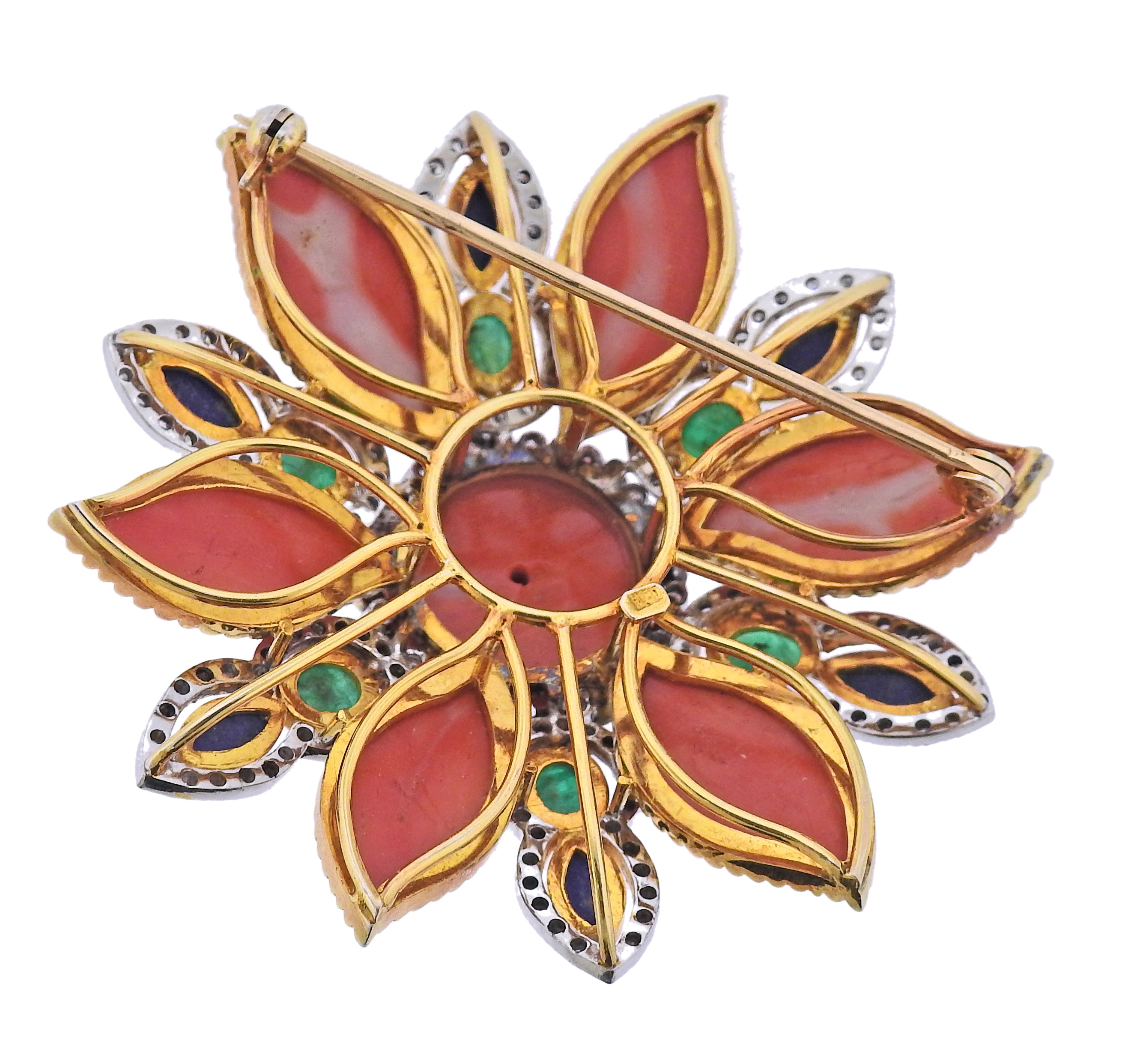 1960s Coral Lapis Emerald Diamond Gold Brooch Pin