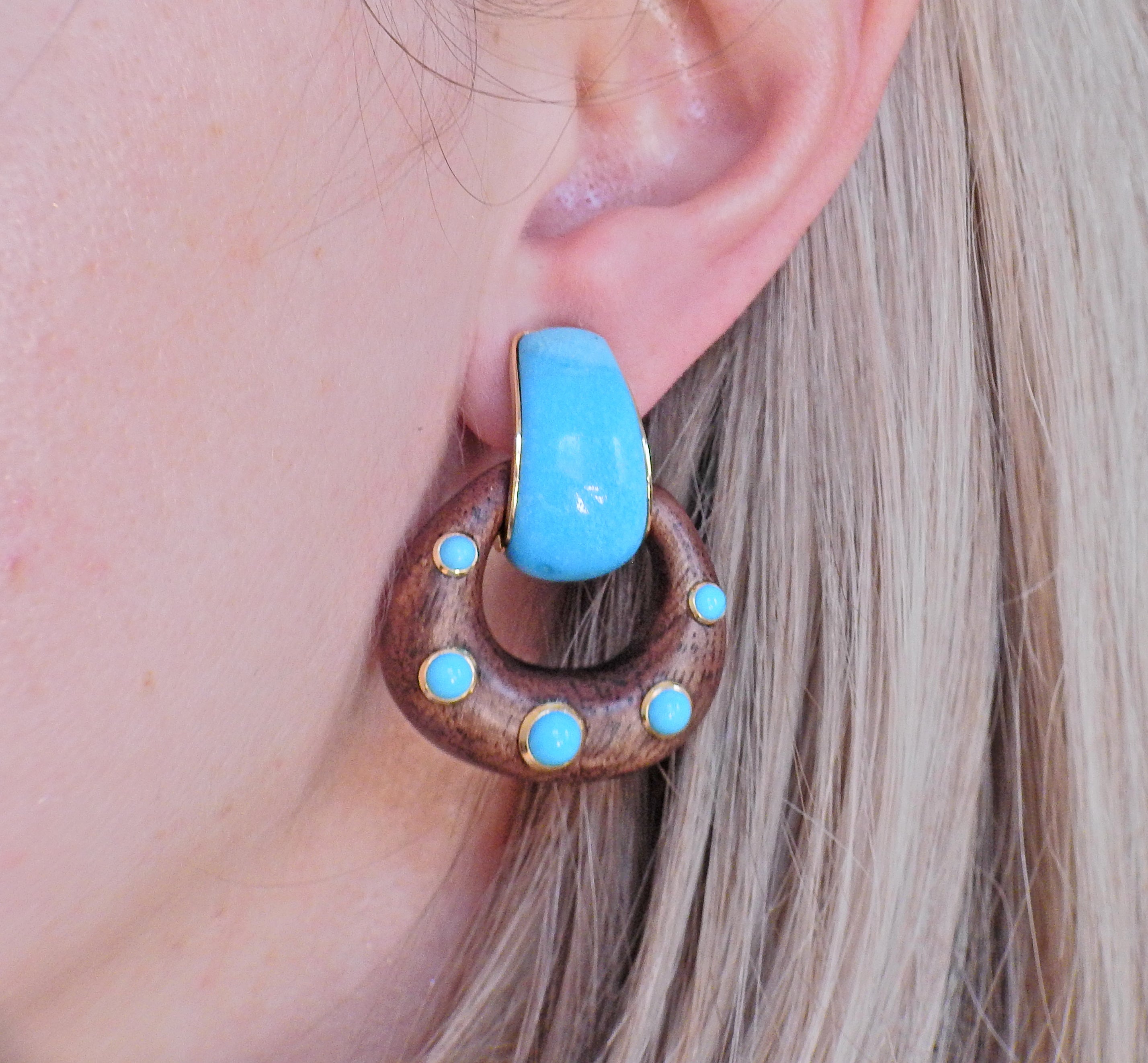 Seaman Schepps Madison Turquoise Wood Gold Doorknocker Hoop Earrings