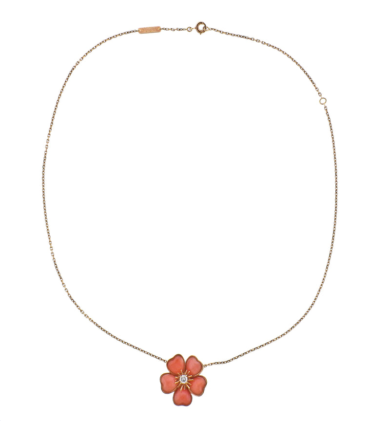 Van Cleef & Arpels Coral Diamond Gold Flower Pendant Necklace
