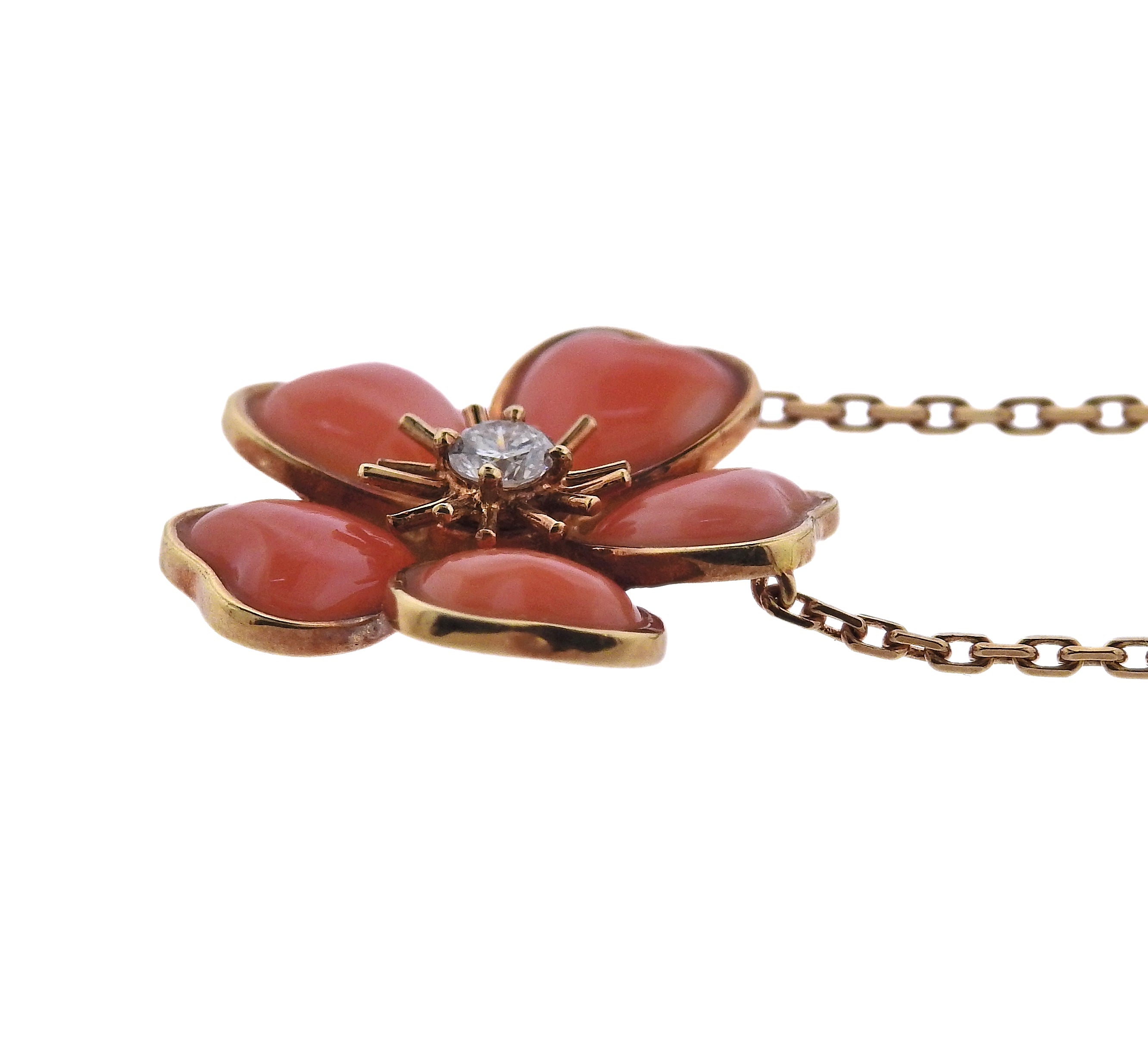 Van Cleef & Arpels Coral Diamond Gold Flower Pendant Necklace