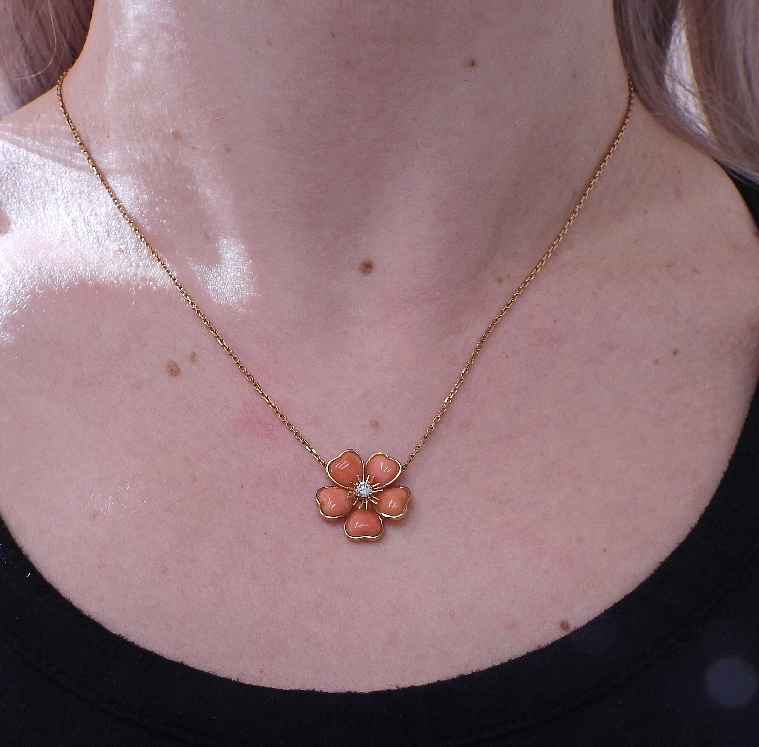 Van Cleef & Arpels Coral Diamond Gold Flower Pendant Necklace