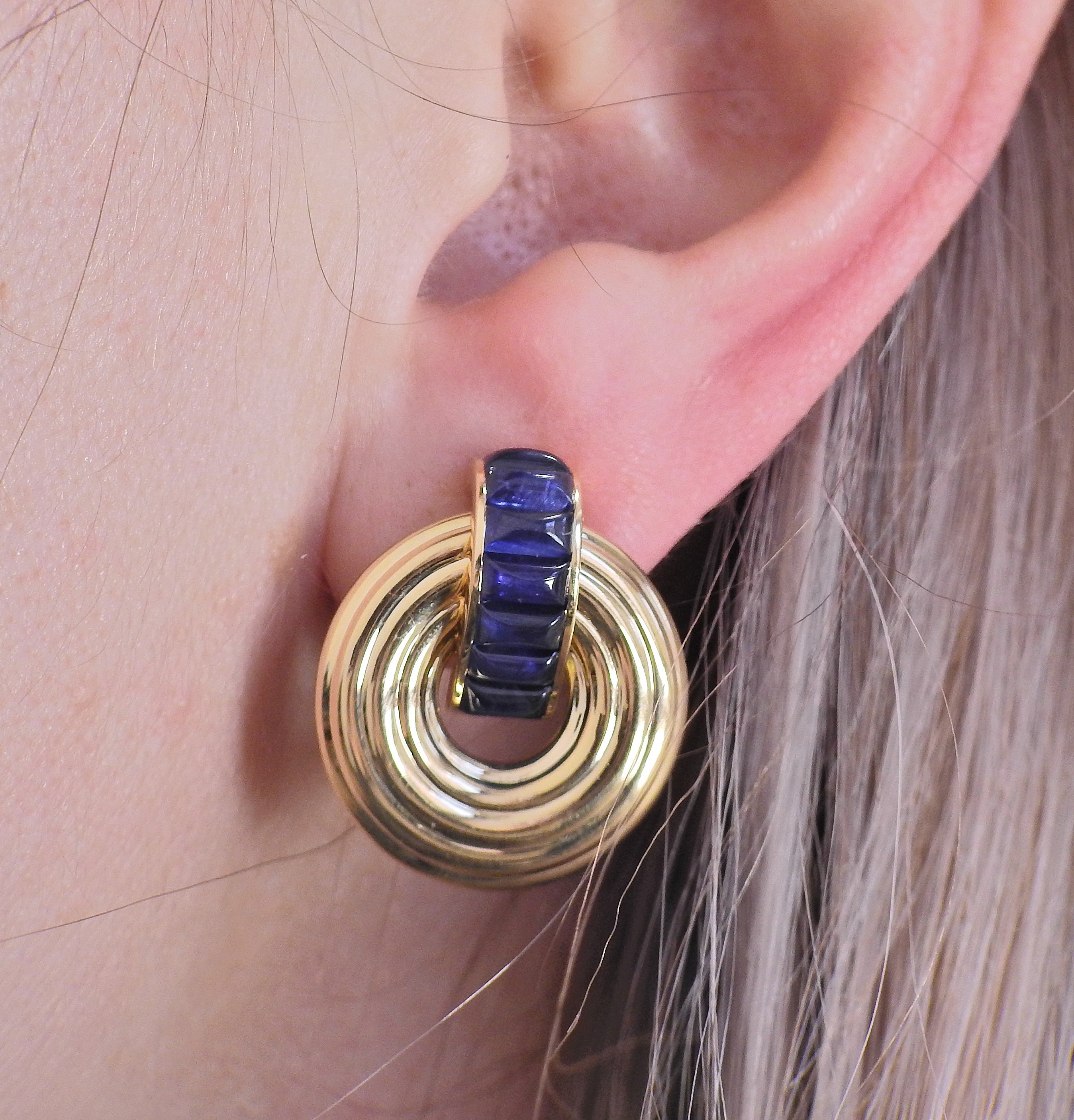 Seaman Schepps Giro Reversible Ceramic Sapphire Gold Doorknocker Earrings