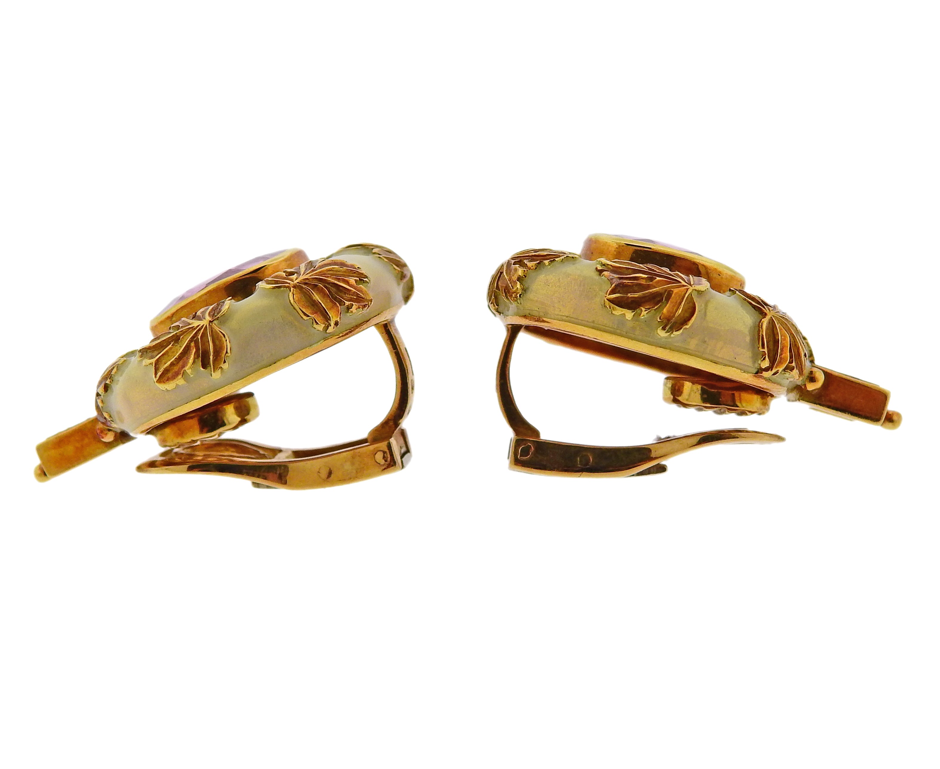 Elizabeth Gage Tourmaline Diamond Enamel Gold Earrings - Oak Gem
