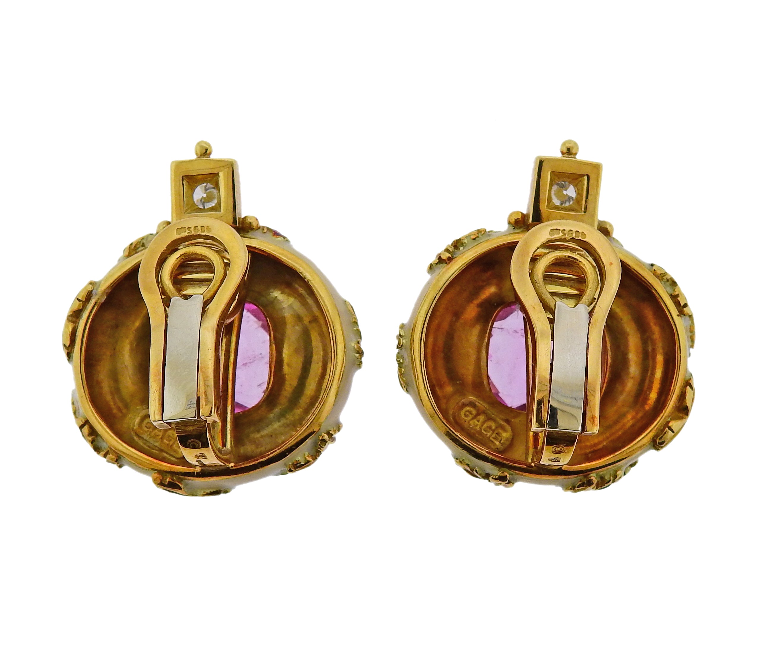Elizabeth Gage Tourmaline Diamond Enamel Gold Earrings - Oak Gem