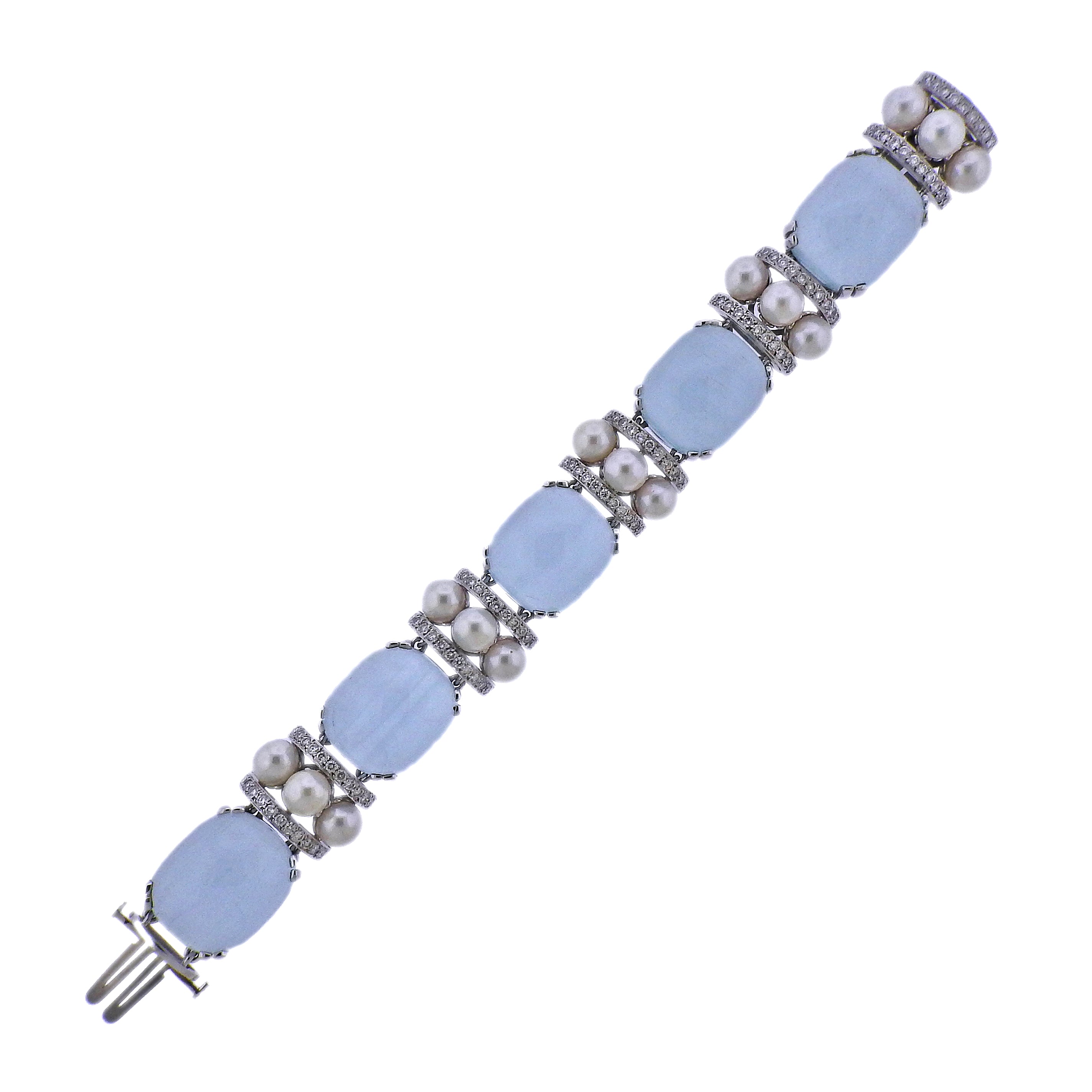 Seaman Schepps Gold Pearl Diamond Aquamarine Bracelet - Oak Gem