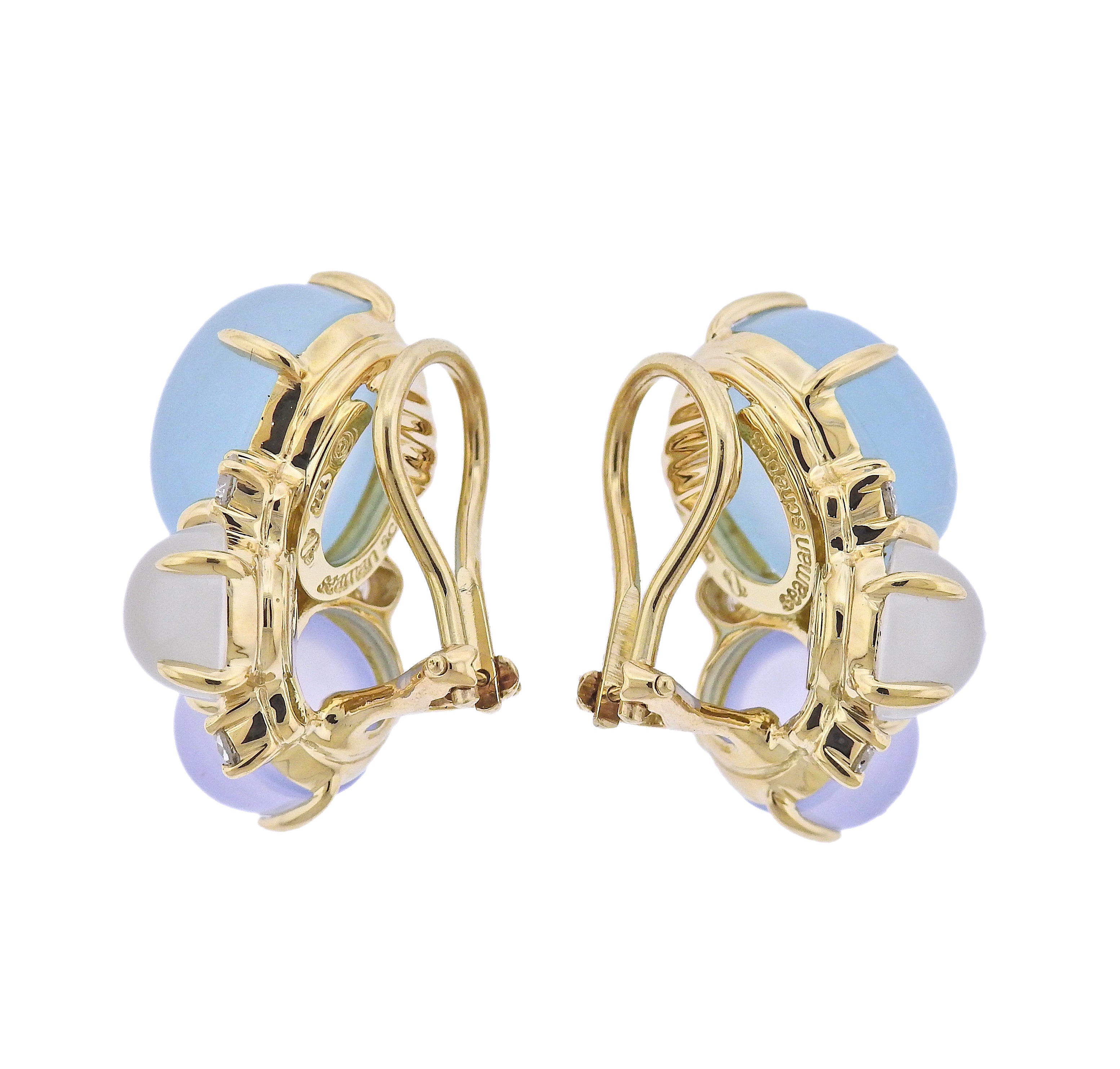 Seaman Schepps Aquamarine Chalcedony Moonstone Diamond Gold Earrings