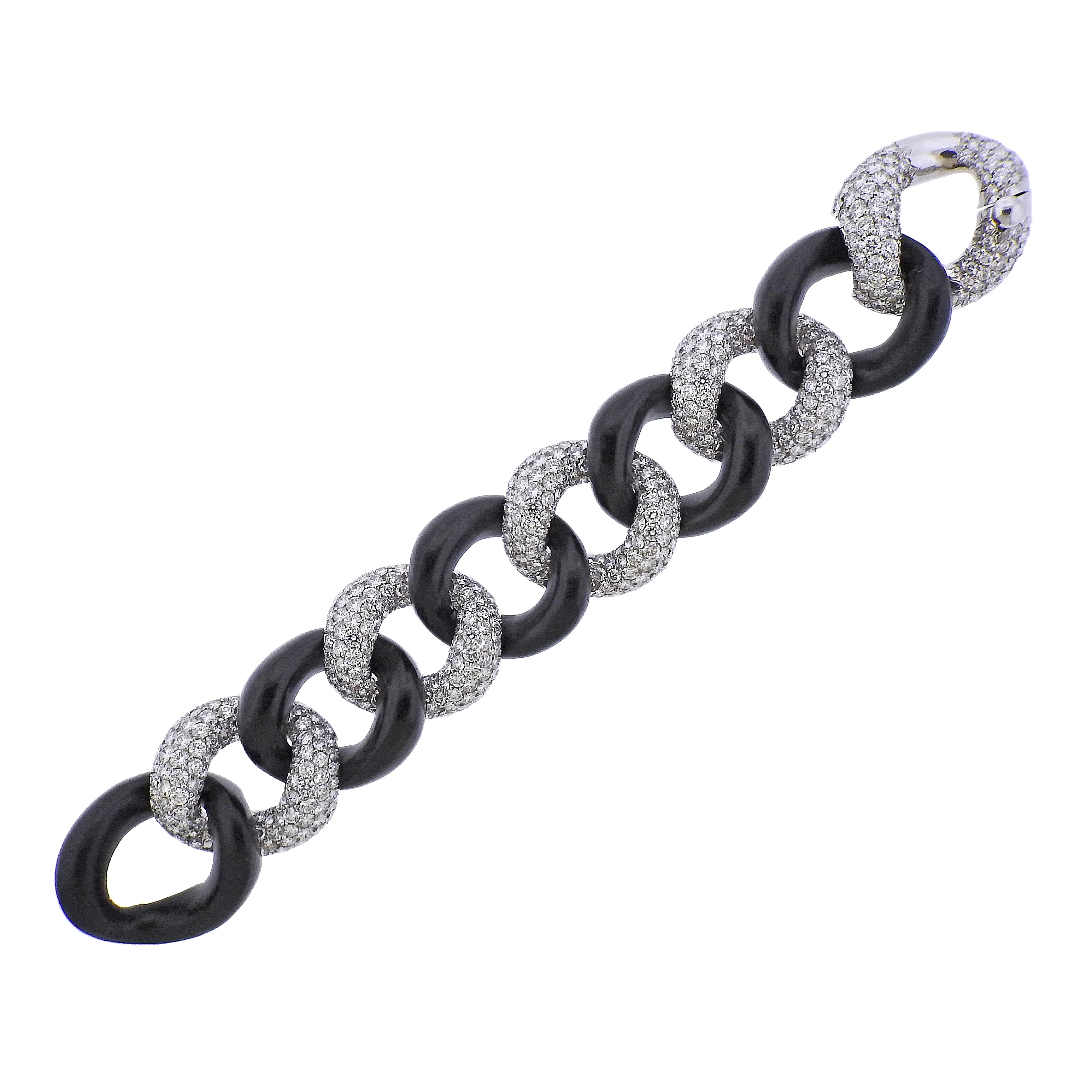 Seaman Schepps Diamond Ebony Wood Link Gold Bracelet