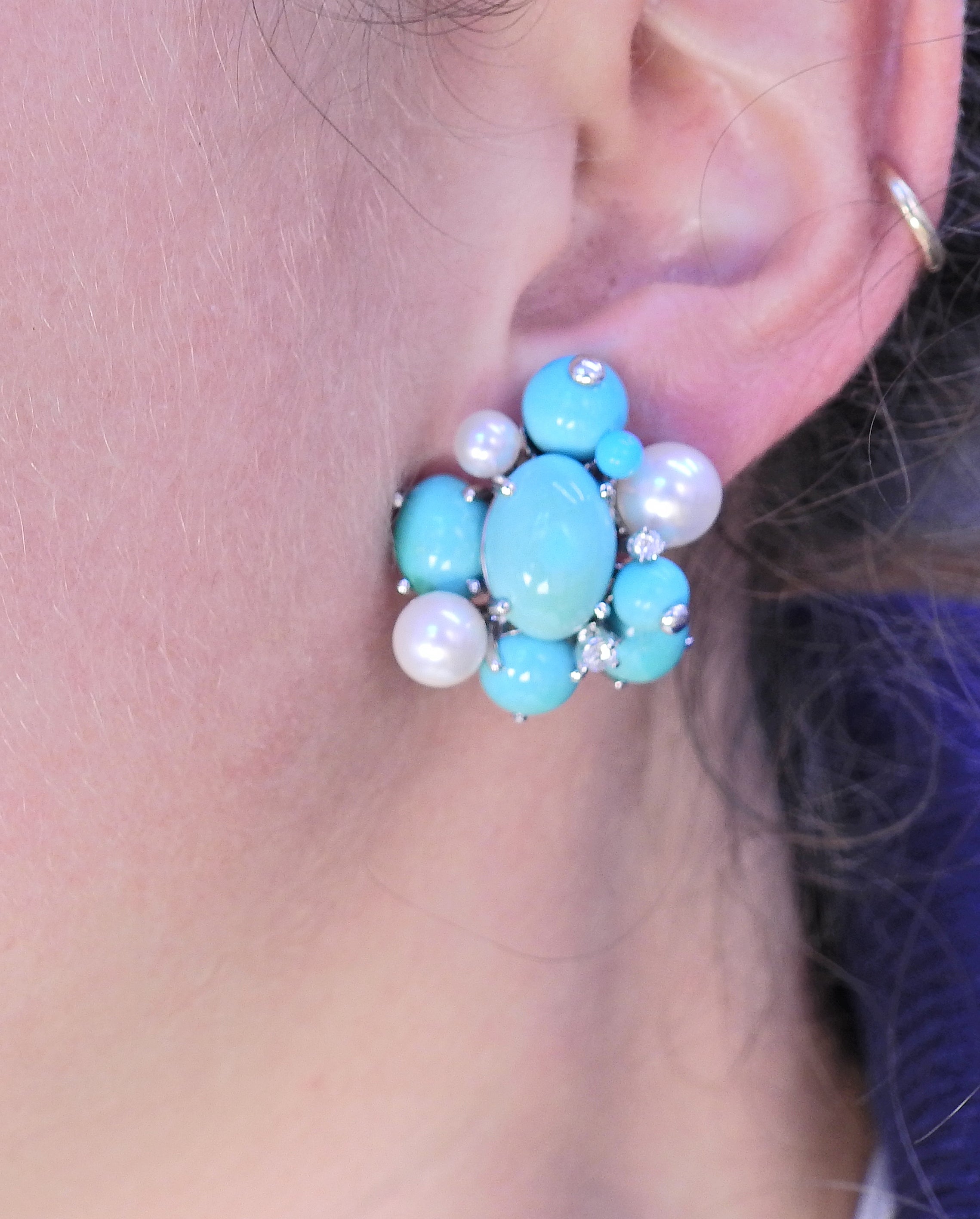 Seaman Schepps Diamond Turquoise Pearl Bubble Gold Earrings