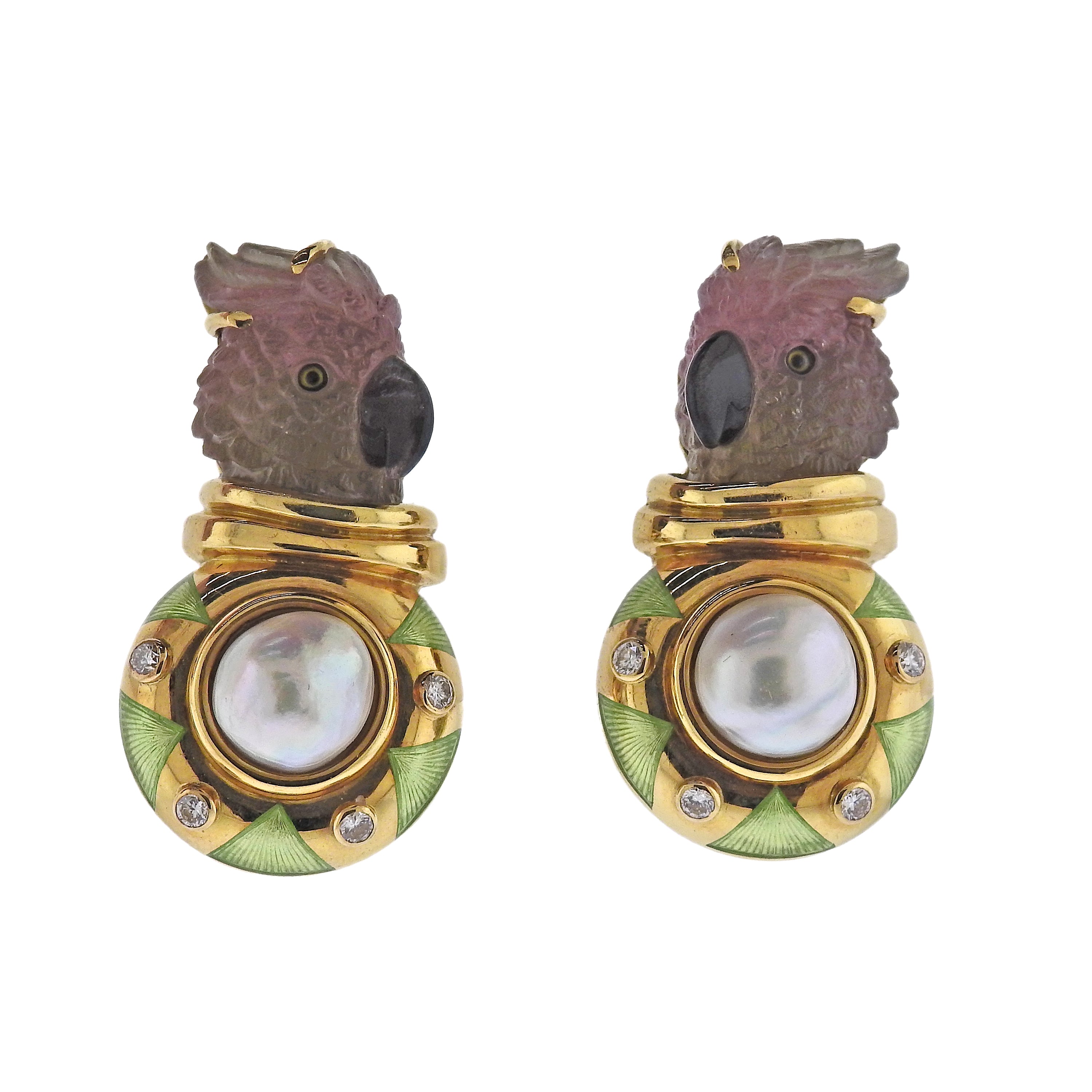 Elizabeth Gage Carved Tourmaline Diamond Pearl Enamel Gold Parrot Earrings