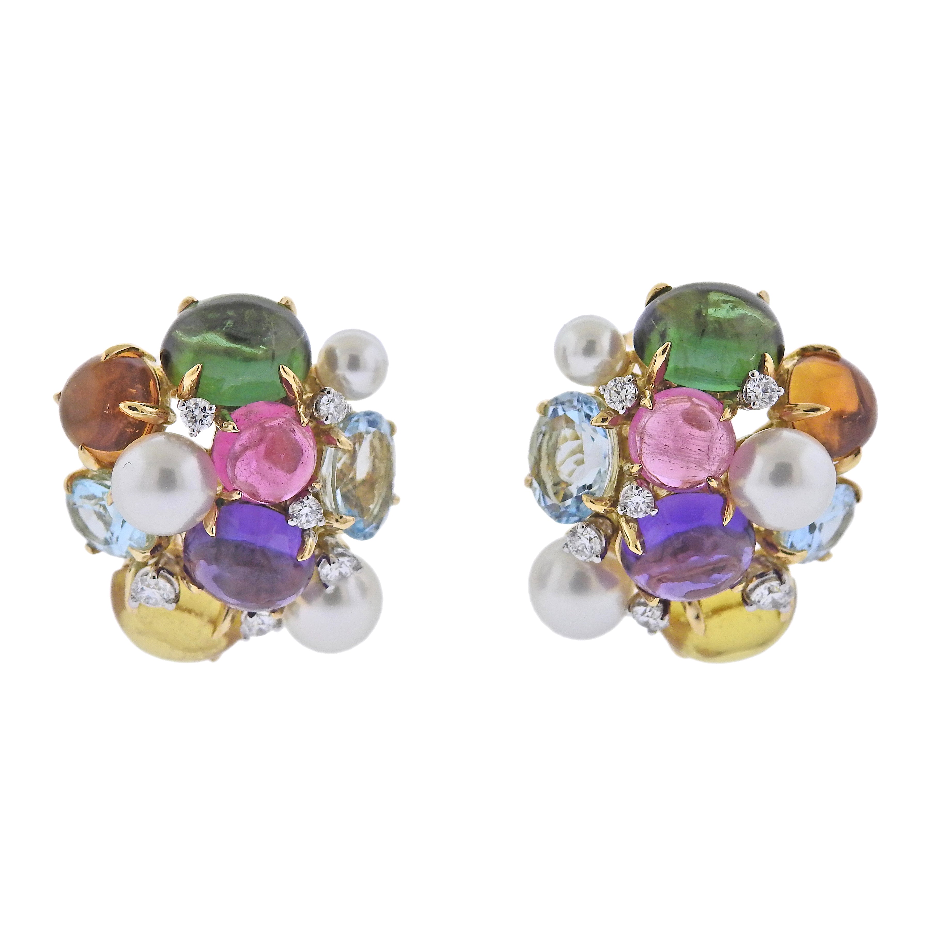 Seaman Schepps Large Bubble Gold Pearl Diamond Gemstone Earrings