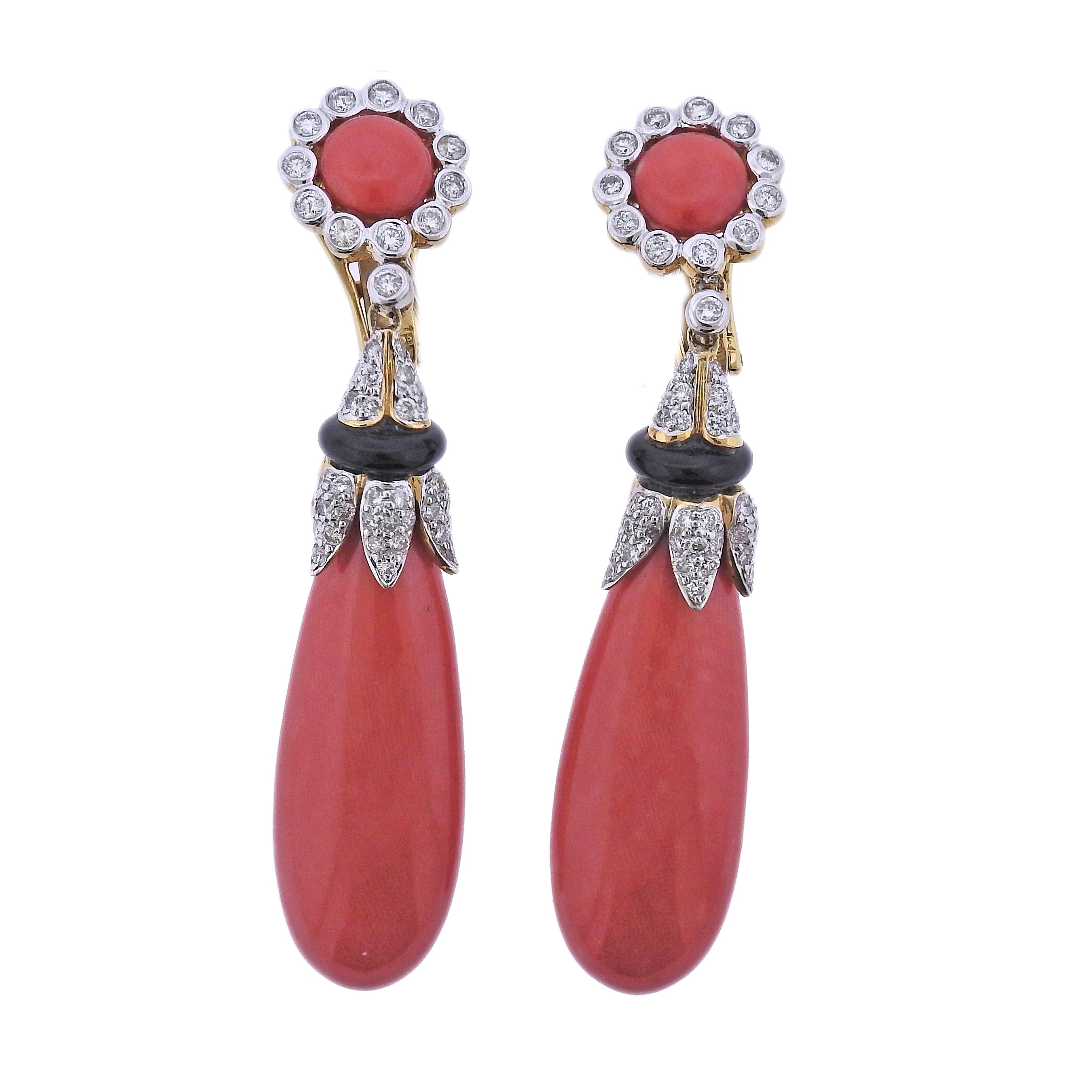 Coral Diamond Onyx Gold Drop Earrings - Oak Gem