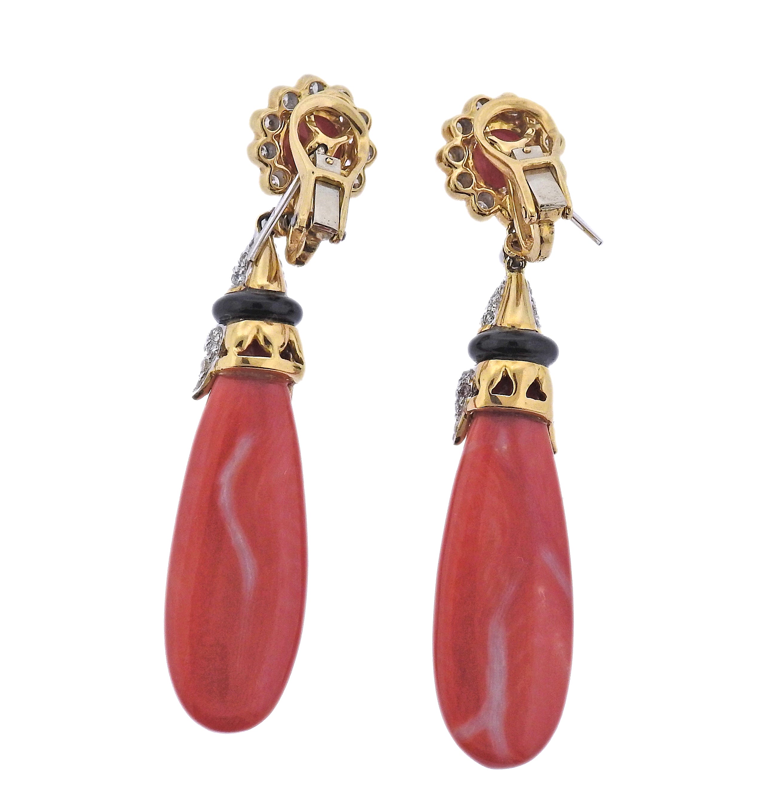 Coral Diamond Onyx Gold Drop Earrings - Oak Gem