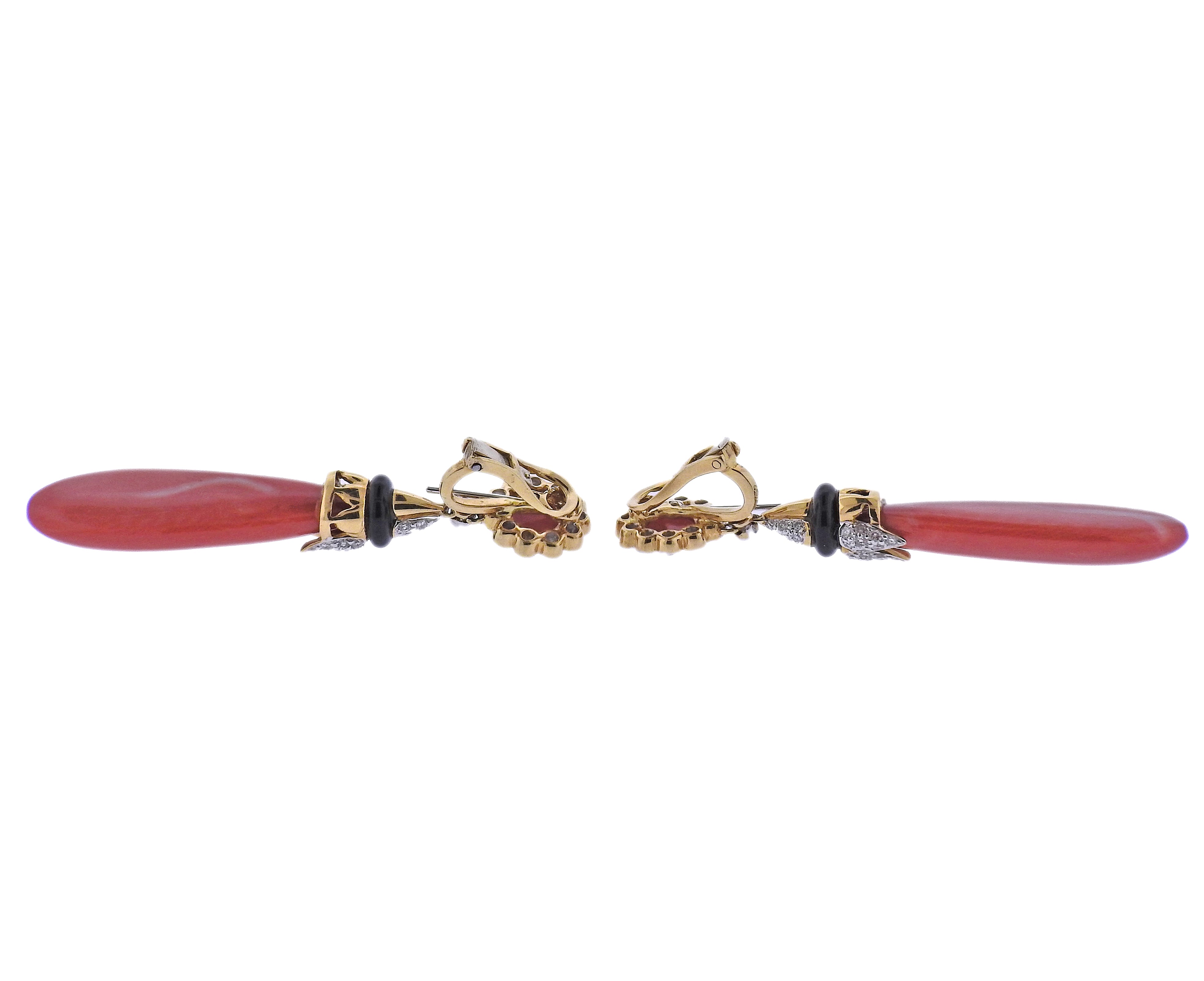 Coral Diamond Onyx Gold Drop Earrings - Oak Gem